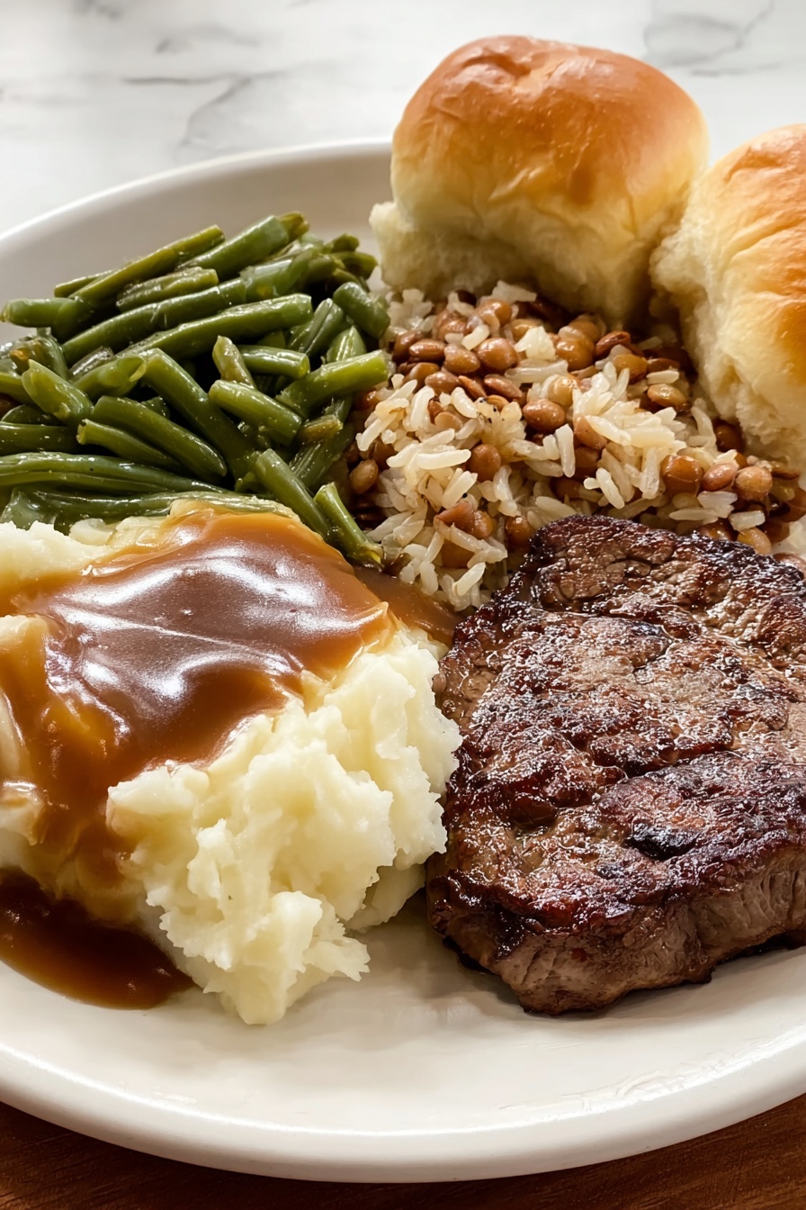 A white plate holds a meal with five parts: in the front right, there is a thick, juicy grilled steak with a shiny, dark brown surface and some grill marks. To the left of the steak is a smooth scoop of white mashed potatoes covered with a pool of dark brown gravy spreading slightly onto the plate. Behind the mashed potatoes, there is a pile of cooked green beans with a wet look, showing their dark green color and soft texture. Next to the green beans toward the upper left of the plate, there is a mound of orzo pasta mixed with small pieces of shredded meat, both light brown and tan in color. On the upper right side of the plate, two soft, golden-brown dinner rolls sit side by side with a fluffy inside and light crust. The whole plate is placed on a white marbled surface. Photo taken with an iphone --ar 4:5 --v 7