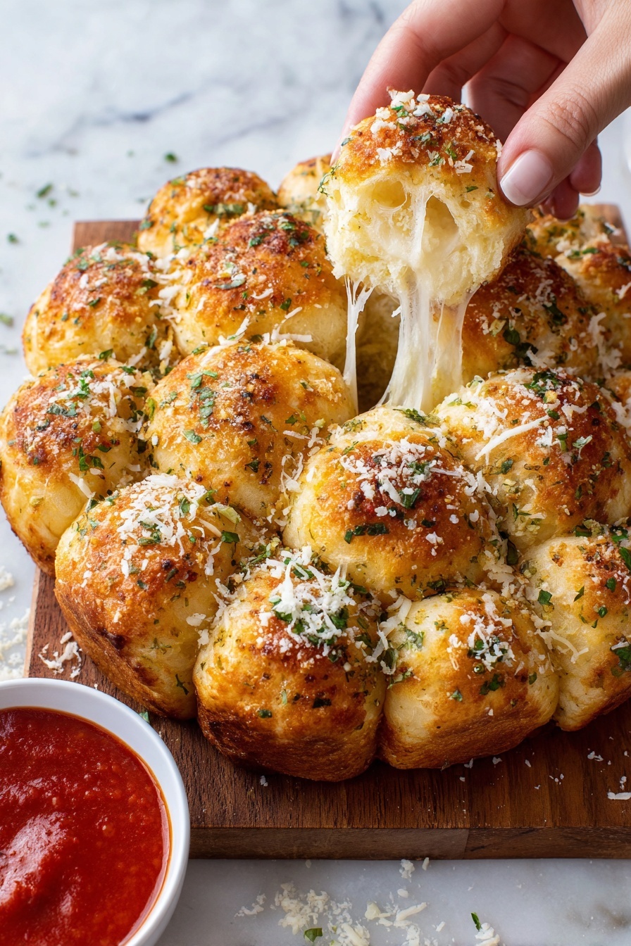 The image shows a food dish shaped like a Christmas tree made from many small round golden-brown dough balls all stuck together in a triangular form. The dough balls have a slightly shiny surface with a light sprinkle of green herbs and white grated cheese on top. To the right of the tree shape, there is a small white bowl filled with bright red marinara sauce. The whole dish is on a wooden serving board with small scattered bits of herbs and cheese around the tree. The background has a white marbled texture. photo taken with an iphone --ar 4:5 --v 7