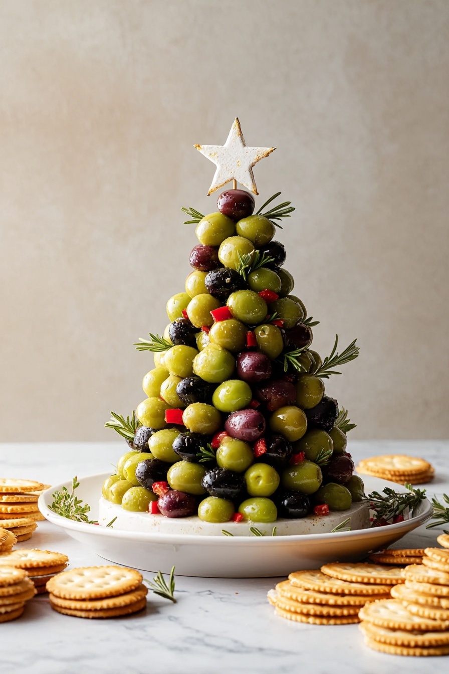 The image shows a Christmas tree-shaped stack of mixed olives, decorated with pieces of red peppers and small green rosemary sprigs scattered throughout. The tree is topped with a white star made of cheese and placed on a white plate. Around the plate, there are stacks of round, golden crackers on a white marbled surface. The olives include large green, dark purple, and black ones, giving the tree a rich mix of colors and textures. Photo taken with an iphone --ar 4:5 --v 7