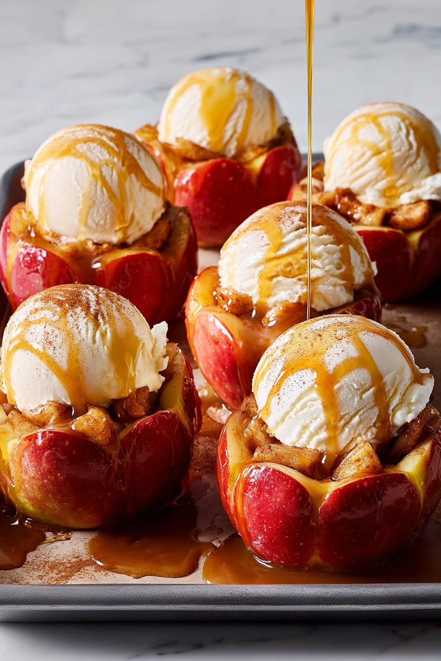 There are six baked apples arranged on a dark tray over a white marbled surface. Each apple has its top opened like petals showing a soft, warm inside with cinnamon-spiced apple pieces. On top of each apple sits one round scoop of creamy vanilla ice cream with visible vanilla bean specks. Golden syrup is being poured from a small jug onto one scoop, and all scoops have syrup drizzled down in thin, shiny lines. The apples have a reddish outer skin with a warm and juicy texture. photo taken with an iphone --ar 4:5 --v 7