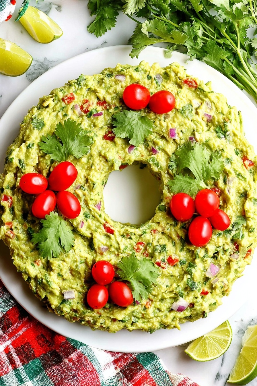 A white round plate shaped like a ring holds a thick layer of green guacamole mixed with small pieces of red tomato, purple onion, and green herbs spread evenly across the entire ring, leaving a hollow center. Three clusters of bright red cherry tomatoes, each with three tomatoes, are placed on top of the guacamole on three sides of the ring, each cluster decorated with fresh green cilantro leaves. The plate sits on a white marbled surface with fresh cilantro sprigs and two lime halves beside it, and a red, green, and white plaid cloth is laid at the top left corner. photo taken with an iphone --ar 4:5 --v 7
