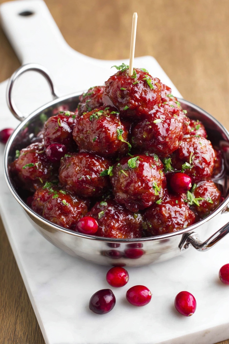 A metal bowl filled with a pile of brown meatballs coated in a shiny red sauce, scattered with small pieces of fresh green herbs on top. Bright red whole cranberries are mixed in and placed around the bowl. The bowl sits on a round white plate with a handle, which rests on a white marbled surface. A woman's hand is holding a toothpick inserted into the top meatball. photo taken with an iphone --ar 4:5 --v 7
