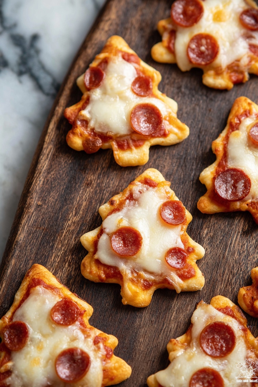 Several small Christmas tree-shaped pizzas are scattered on a dark wooden board. Each pizza has two main layers: a golden-brown crust base and a topping layer with red tomato sauce and melted white and light golden cheese. Some trees are plain cheese while others have small round pepperoni slices as an extra layer. The shapes are uneven with some edges showing the soft texture of the dough. The background is a white marbled surface. photo taken with an iphone --ar 4:5 --v 7