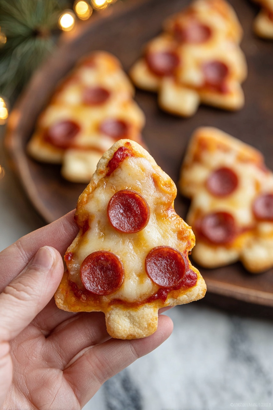 A woman's hand holds a small triangular pizza shaped like a Christmas tree with a light golden crust. The pizza has a bright red tomato sauce base, melted light yellow cheese spread unevenly on top, and three round slices of pepperoni placed near the center and edges. In the background, several similar mini pizzas with the same shape and toppings lie on a dark brown wooden board. The overall scene has a warm, close-up look with a white marbled texture background. photo taken with an iphone --ar 4:5 --v 7
