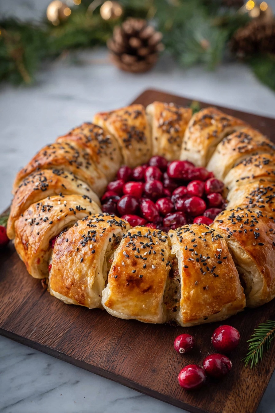 A round pastry ring with a golden brown crust sprinkled with black and white sesame seeds forms the outer layer, divided into 12 pieces showing a textured filling inside. The center of the ring is filled with bright red fresh cranberries that are smooth and shiny. The entire dish is placed on a dark wooden board, set on a white marbled surface. In the background, a white bowl filled with crushed cranberries and some green pine leaves and a pinecone can be seen slightly out of focus. Photo taken with an iphone --ar 4:5 --v 7