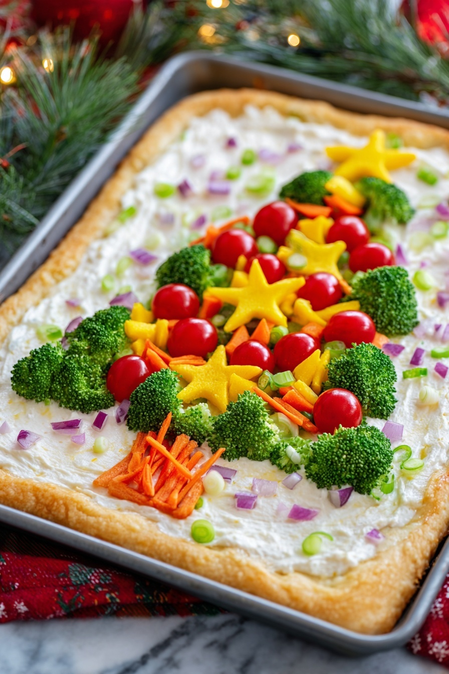 A rectangular tart with a golden brown crust forms the base of the dish, filled with a creamy white layer mixed with small pieces of cauliflower and red onion scattered evenly. On top, a Christmas tree shape made of bright green broccoli florets is placed in the center. The tree is decorated with small red cherry tomatoes, yellow and red star-shaped bell pepper pieces, and thin orange carrot strips. The tart sits on a white marbled surface, surrounded by a red onion on the top left, a red bell pepper on the top right, a bunch of green onions on the bottom left, and a yellow bell pepper on the bottom right. photo taken with an iphone --ar 4:5 --v 7
