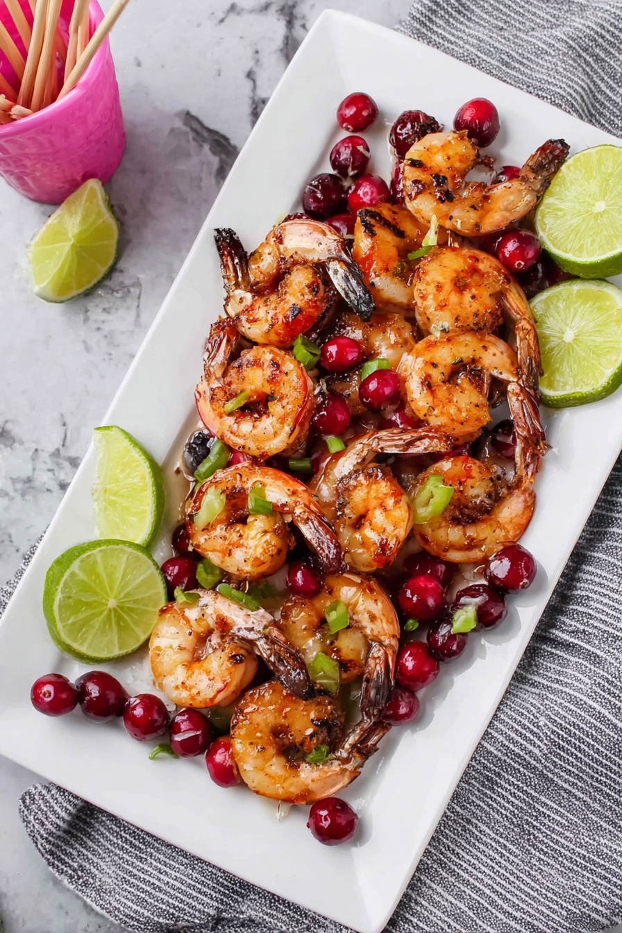 A white rectangular plate holds a pile of grilled shrimp with a slightly charred, orange-pink shell dotted with black grill marks. Scattered among the shrimp are bright red cherries and small pieces of green bell pepper. Around the edges of the plate, there are wedges of lime with a fresh green peel and pale yellow-green flesh. The plate sits on a surface with a white marbled texture, and in the background, a gray cloth napkin with white stripes is partially visible. photo taken with an iphone --ar 4:5 --v 7