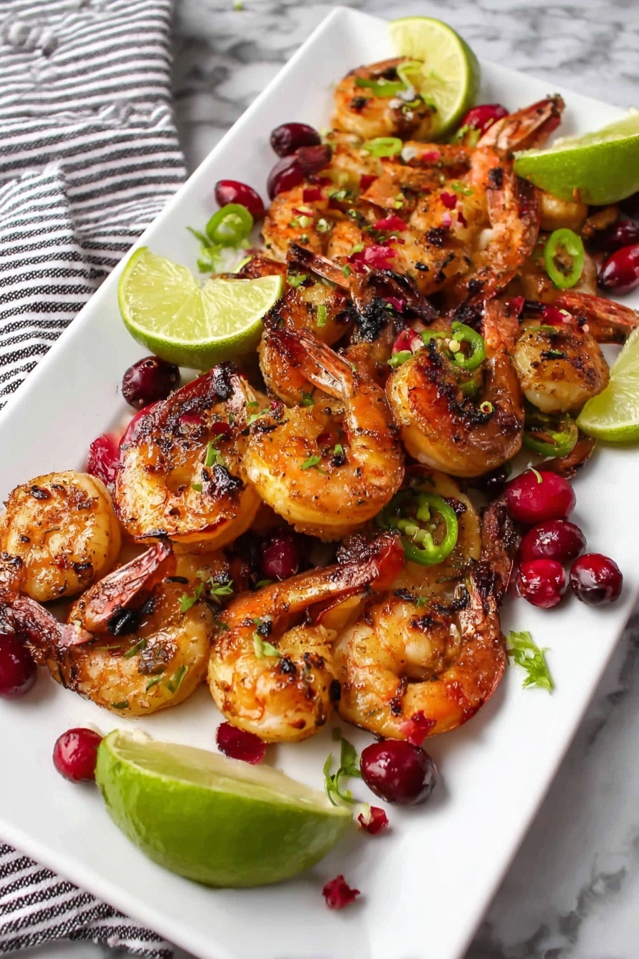 The image shows a white rectangular plate filled with grilled shrimp that have a reddish tint from the sauce or seasoning, with visible char marks. Scattered around the shrimp are whole red cranberries and small chunks of green bell pepper. There are also three lime wedges placed on the plate, adding a fresh yellow-green contrast. The plate sits on a white marbled surface with a grey and white striped cloth napkin nearby. To the left of the plate is a small white bowl with red exterior, containing several bamboo skewers standing upright. Photo taken with an iphone --ar 4:5 --v 7