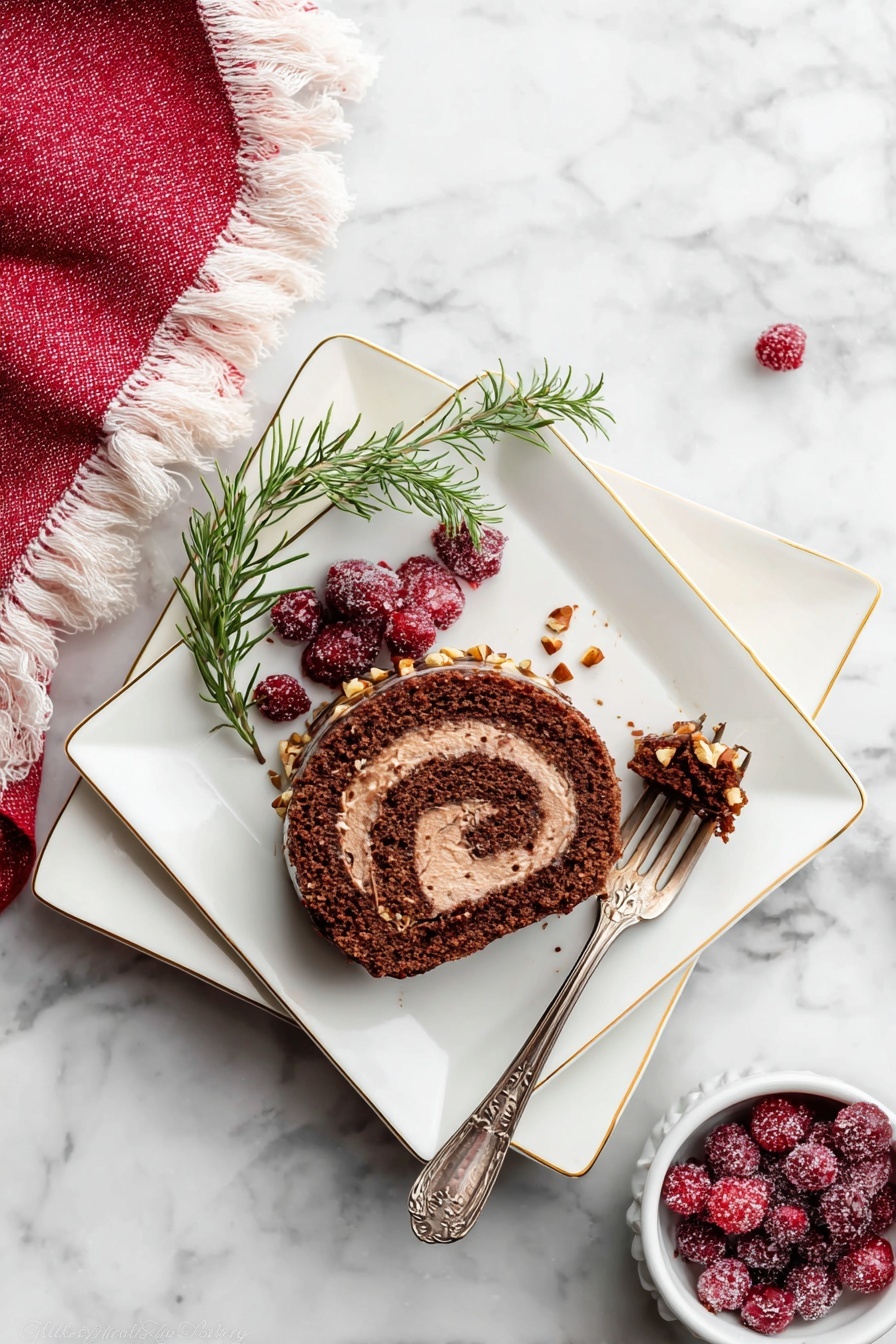 The image shows a chocolate roll cake slice on a white square plate with a golden rim, placed over another similar plate. The cake has three main visible layers: a thin dark chocolate coating on the outside, a light brown fluffy cream swirl in the middle, and a soft chocolate sponge cake layer surrounding the cream. The plate is decorated with small chopped nuts scattered on the cake and a sprig of frosted greenery alongside a few sugared red berries. A fork with some cake and cream rests partly on the plate, and to the right, there is a white scalloped bowl filled with sugared red berries. The whole setup is on a white marbled surface with a red textured cloth partially visible on the left side. Photo taken with an iphone --ar 4:5 --v 7