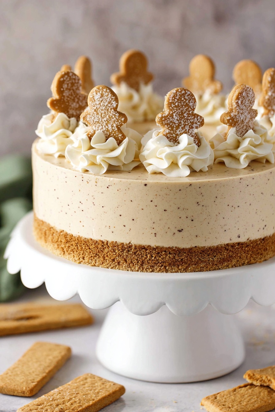 A slice of layered cheesecake sits on a white plate with a decorative rim, showing two main layers: a thick light brown base layer with a crumbly texture, topped by a smooth pale beige layer. The cheesecake slice is topped with a swirl of white whipped cream and a sugar-covered gingerbread cookie shaped like a small person placed upright. A vintage silver fork rests on the plate next to the slice. Surrounding the plate are scattered shortbread cookies and gingerbread cookies, with part of the whole cheesecake visible on a white pedestal in the background. These are all on a white marbled surface with a box of Walker’s Pure Butter Shortbread nearby. Photo taken with an iphone --ar 4:5 --v 7
