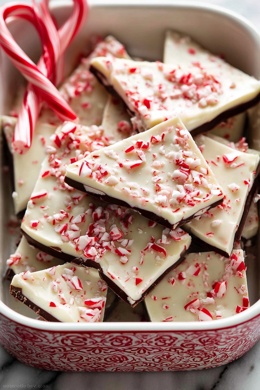 A stack of five rectangular peppermint bark pieces sits on a white plate, each piece showing three layers: a bottom layer of smooth white chocolate, a thick middle layer of dark chocolate with a glossy texture, and a top layer of white chocolate sprinkled with crushed red and white peppermint candy bits. The pieces are slightly uneven, showcasing the textured peppermint on top, with the whole scene set against a white marbled surface. photo taken with an iphone --ar 4:5 --v 7