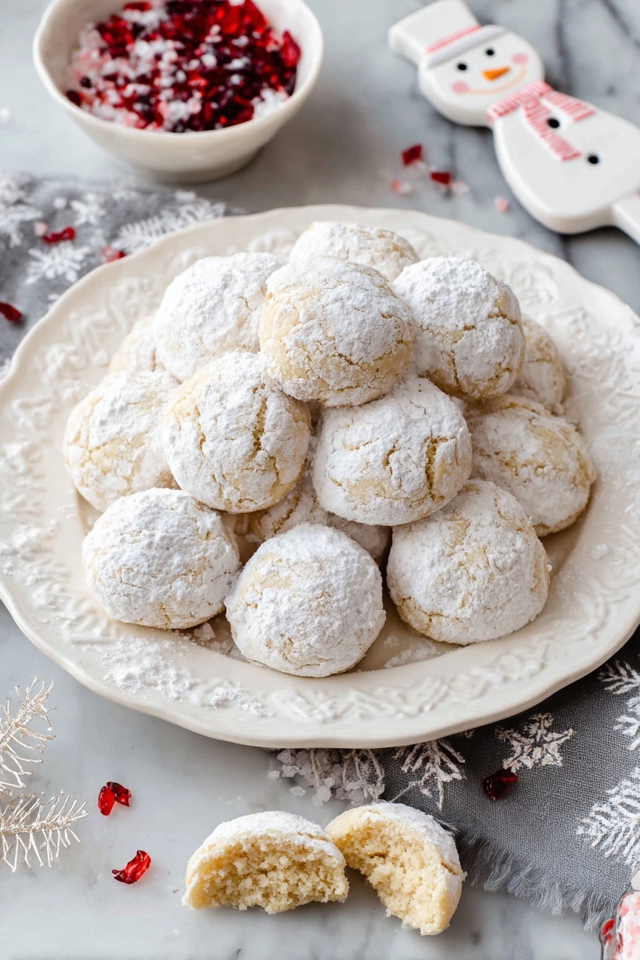 A white ornate plate holds a pile of round cookies covered in white powdered sugar. The cookies are light brown under the sugar, with one cookie broken open on top showing a dense, slightly crumbly texture inside. The plate is placed on a white marbled surface, and some cookies and powdered sugar are scattered around it. In the background, there is a blurred cloth with a simple pattern and a small white bowl with red and white sprinkles. Photo taken with an iphone --ar 4:5 --v 7