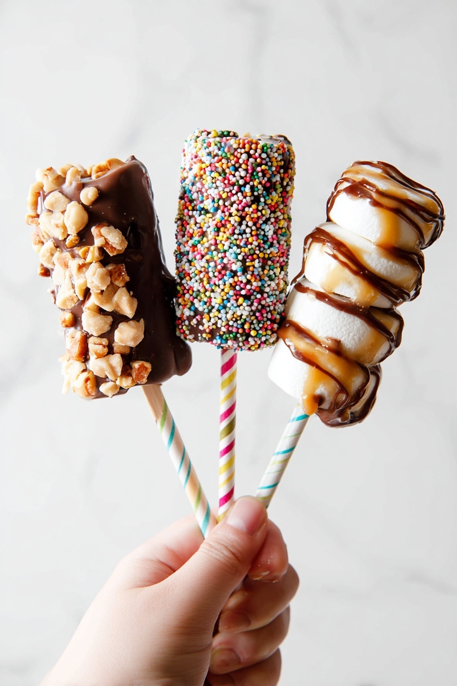 There are five small dessert skewers laid out on a white plate with a white marbled surface beneath it. Each skewer shows three or four marshmallows covered in chocolate and topped with different colorful sprinkles or nuts. From the front left, the first skewer is coated in chocolate and covered with small nut pieces. To the right, the second skewer is coated in chocolate and topped with large round pastel confetti sprinkles. Next in line is another skewer covered in chocolate and brightly colored long sprinkles. Behind that, there is a skewer covered in chocolate topped with multi-colored long sprinkles too. Furthest back is a skewer with white marshmallows drizzled with caramel and chocolate. All the sticks are striped with colors like pink, white, yellow, and blue. Photo taken with an iphone --ar 4:5 --v 7