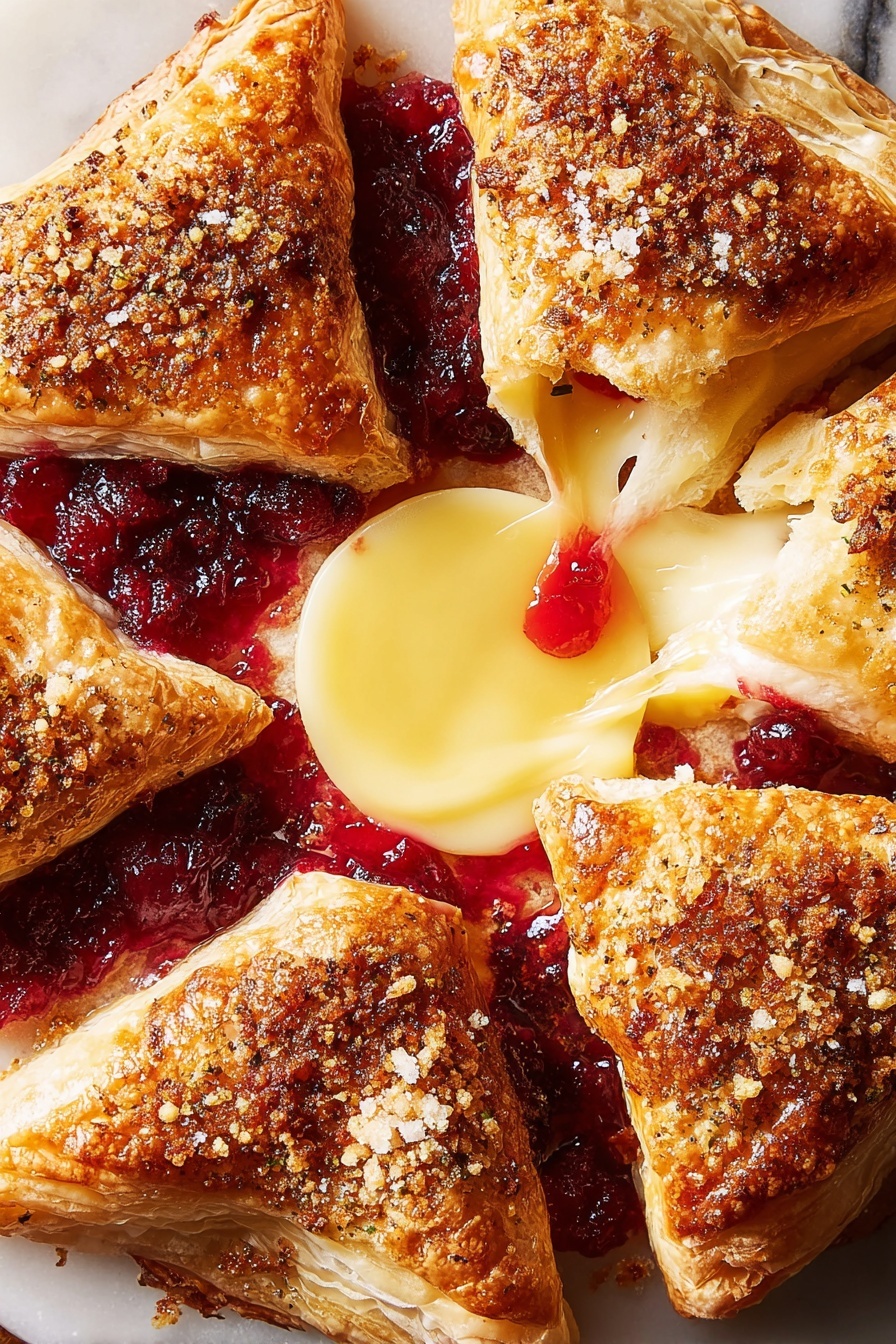 The image shows four golden brown, triangular puff pastry pieces arranged in a circle around a thick layer of bright red cranberry sauce in the center. The puff pastries have a shiny, slightly crisp top sprinkled with coarse sugar, giving a textured look. One pastry is pulled slightly away, revealing creamy, melted cheese stretching out onto a light beige cracker positioned on the right side. The background is a white marbled surface with extra crackers scattered loosely around the pastries and sauce. Photo taken with an iphone --ar 4:5 --v 7