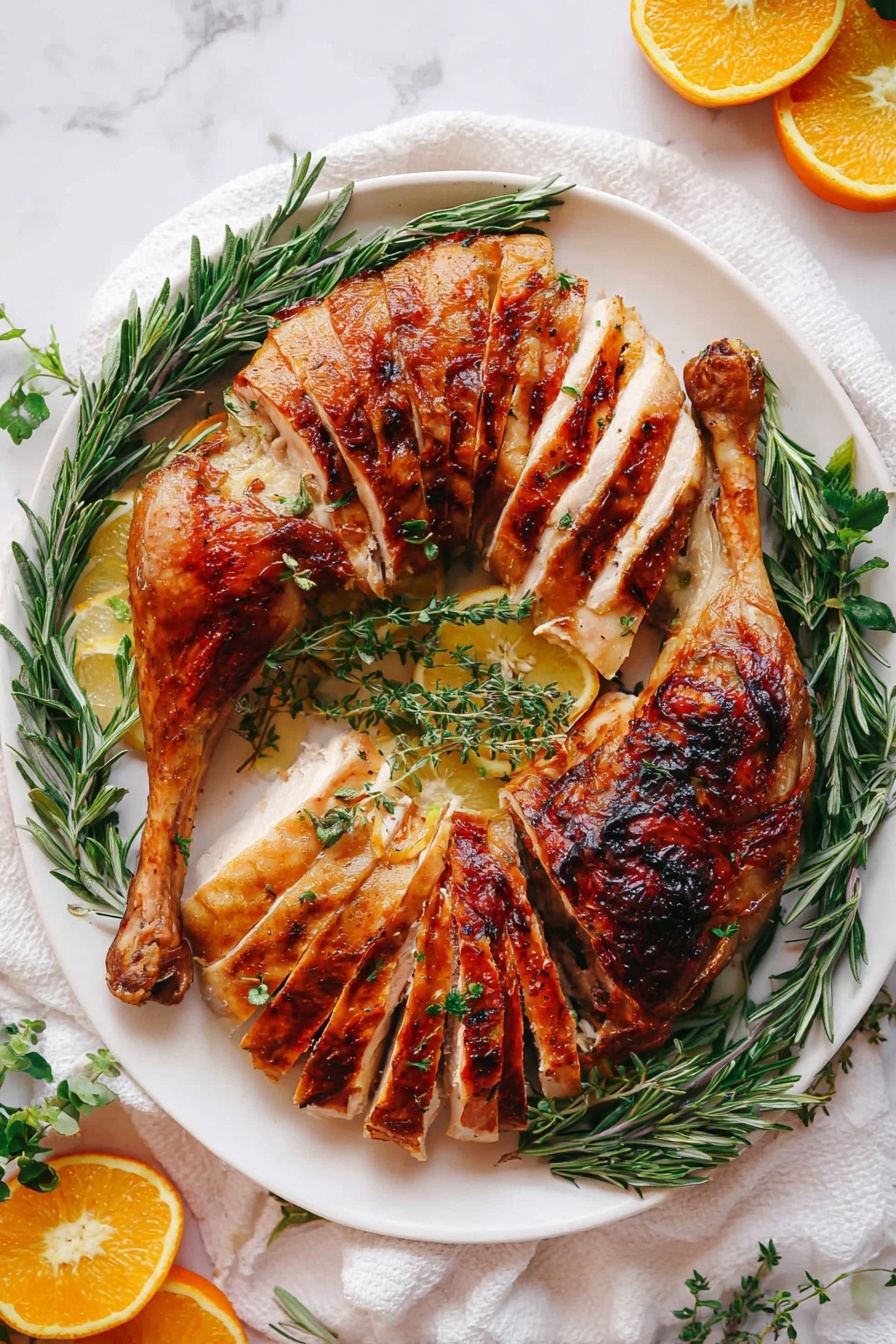 A white plate on a white marbled surface holds a roasted turkey neatly arranged in layers; the outer layer consists of thick slices of golden-brown roasted turkey meat fanning out evenly on both sides of the plate, showing juicy textures with slightly crispy edges. In the center, two large turkey legs with darker browned skin sit crossed, adding depth to the arrangement. Green sprigs of rosemary and thyme are placed around the meat layers and on top for garnish. Around the plate, there are cut halves of lemon, orange, and tangerine adding bright pops of yellow and orange color. The entire scene is well-lit and natural, with a soft cloth underneath the plate. Photo taken with an iphone --ar 4:5 --v 7