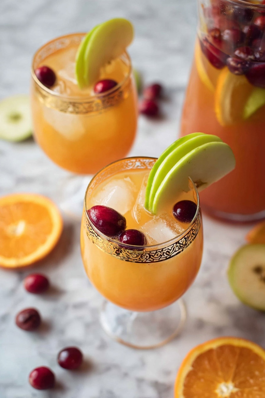 A clear glass pitcher filled with layers of bright orange juice, against a white marbled surface scattered with halved green and red apples, halved orange, and red cranberries. The pitcher has visible slices of orange pressed against its sides near the bottom layer, followed by a thick orange juice filling the middle and top layers, where dark red cranberries float. A blue bottle is pouring a clear liquid into the top of the pitcher. The background is a light gray brick wall. Photo taken with an iphone --ar 4:5 --v 7