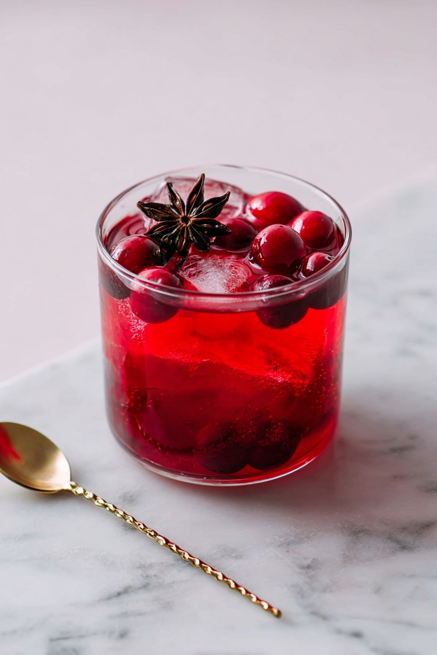 There are two clear glasses filled with bright red drink placed on a white marbled surface. Each glass contains several whole red cranberries and ice cubes floating on top, with a dark brown star anise spice resting in the middle. Behind the glasses, there is a clear glass bottle, about half full with the same red drink. The background is a light wooden texture with soft, faded red stains. A few pieces of ice and star anise are scattered on the surface near the drinks. Photo taken with an iphone --ar 4:5 --v 7