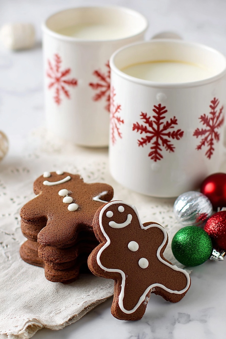 Two white mugs with red snowflake designs near the top edge filled with white milk stand on a white marbled surface with a beige cloth underneath. In front of the mugs, there is a stack of three brown gingerbread cookies shaped like gingerbread people, each cookie decorated with three small white dots in the center. Leaning against the front mug is one brown gingerbread cookie shaped like a gingerbread person with white icing around the edges and a bite taken out of its top left. Small red, green, and silver shiny Christmas ornaments are placed near the base of the mugs. Photo taken with an iphone --ar 4:5 --v 7