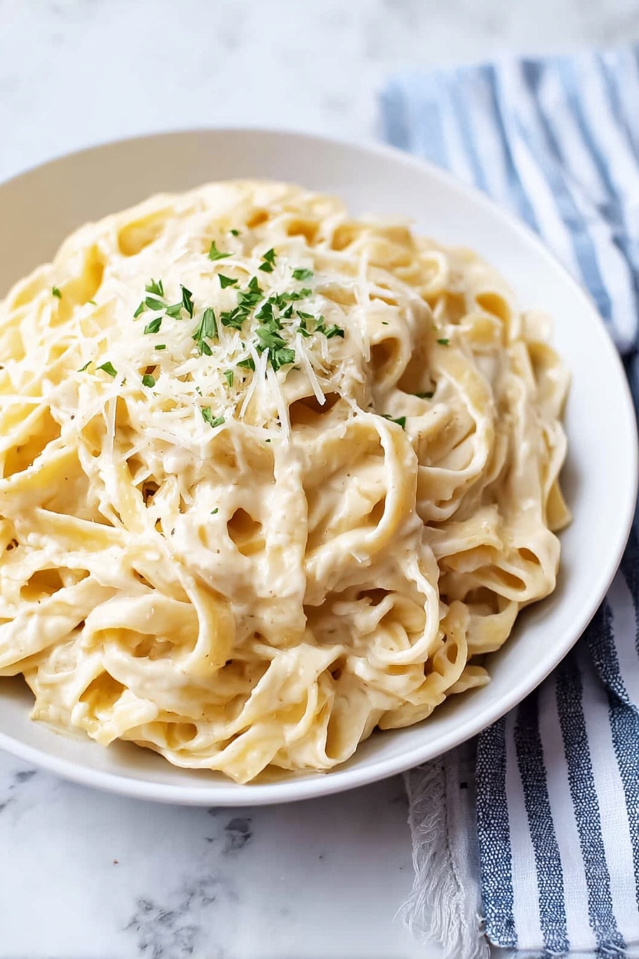 A white plate filled with creamy fettuccine pasta, where each thick noodle is coated in a smooth, light beige sauce. On top, there is a small heap of shredded white cheese and a sprinkle of bright green herbs for color contrast. The plate is set on a white marbled surface with a folded blue and white striped cloth napkin partly visible on the side. Photo taken with an iphone --ar 4:5 --v 7