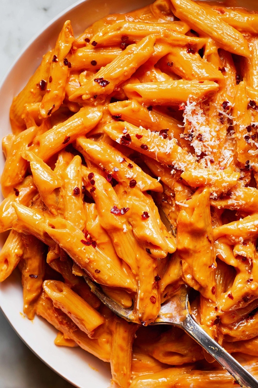 The image shows a white bowl filled with one layer of orange penne pasta coated in creamy sauce. The pasta is topped with a light sprinkle of finely grated white cheese and tiny red pepper flakes in the middle. A silver spoon is scooping some pasta from the bottom left side of the bowl. The scene is set on a white marbled surface with soft natural light shining from the top right corner. Photo taken with an iphone --ar 4:5 --v 7