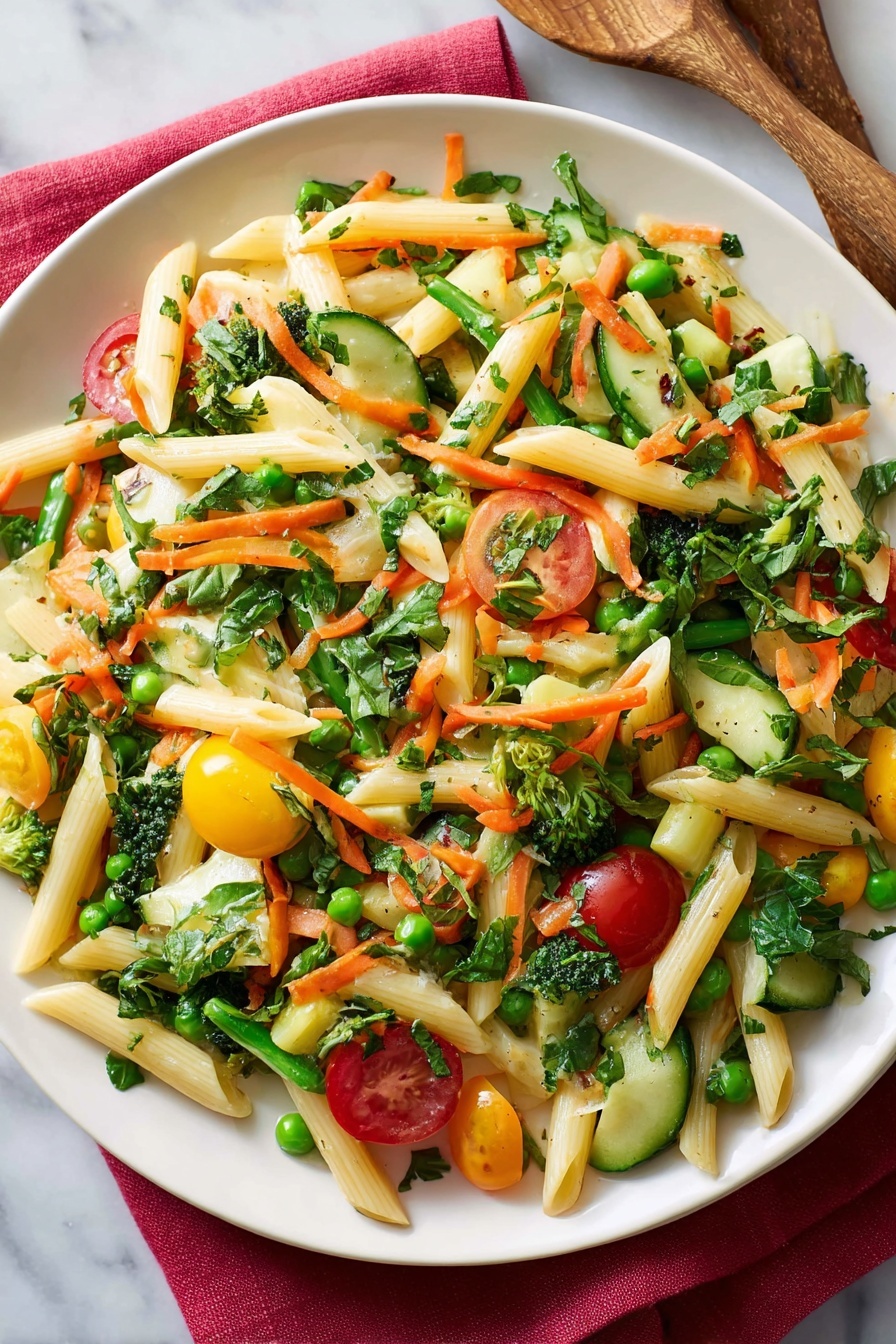 A white plate filled with a colorful pasta salad featuring three main layers: the base layer of light beige penne pasta scattered throughout, the middle layer of bright green peas, chopped snap peas, small broccoli florets, and diced light green zucchini, and the top layer showing vibrant orange carrot sticks, yellow bell pepper cubes, halved red cherry tomatoes, and thinly sliced green herbs sprinkled all over. The salad looks fresh and mixed, sitting on a white marbled surface with a coral cloth napkin partially beneath the plate and two wooden spoons visible in the top right corner. photo taken with an iphone --ar 4:5 --v 7