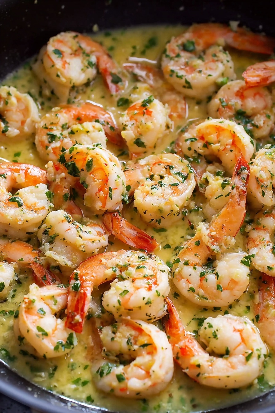 The image shows a white pan filled with a single layer of cooked shrimp. The shrimp are orange-pink with white fleshy parts and have a light, slightly shiny texture from a buttery garlic sauce that coats them evenly. Small green herb bits and tiny pieces of minced garlic are scattered throughout, giving a fresh and flavorful look. The shrimp are positioned closely together, with their curved tails visible, and the sauce pools gently at the bottom, adding a light yellowish-green tint. The background is a white marbled surface. photo taken with an iphone --ar 4:5 --v 7