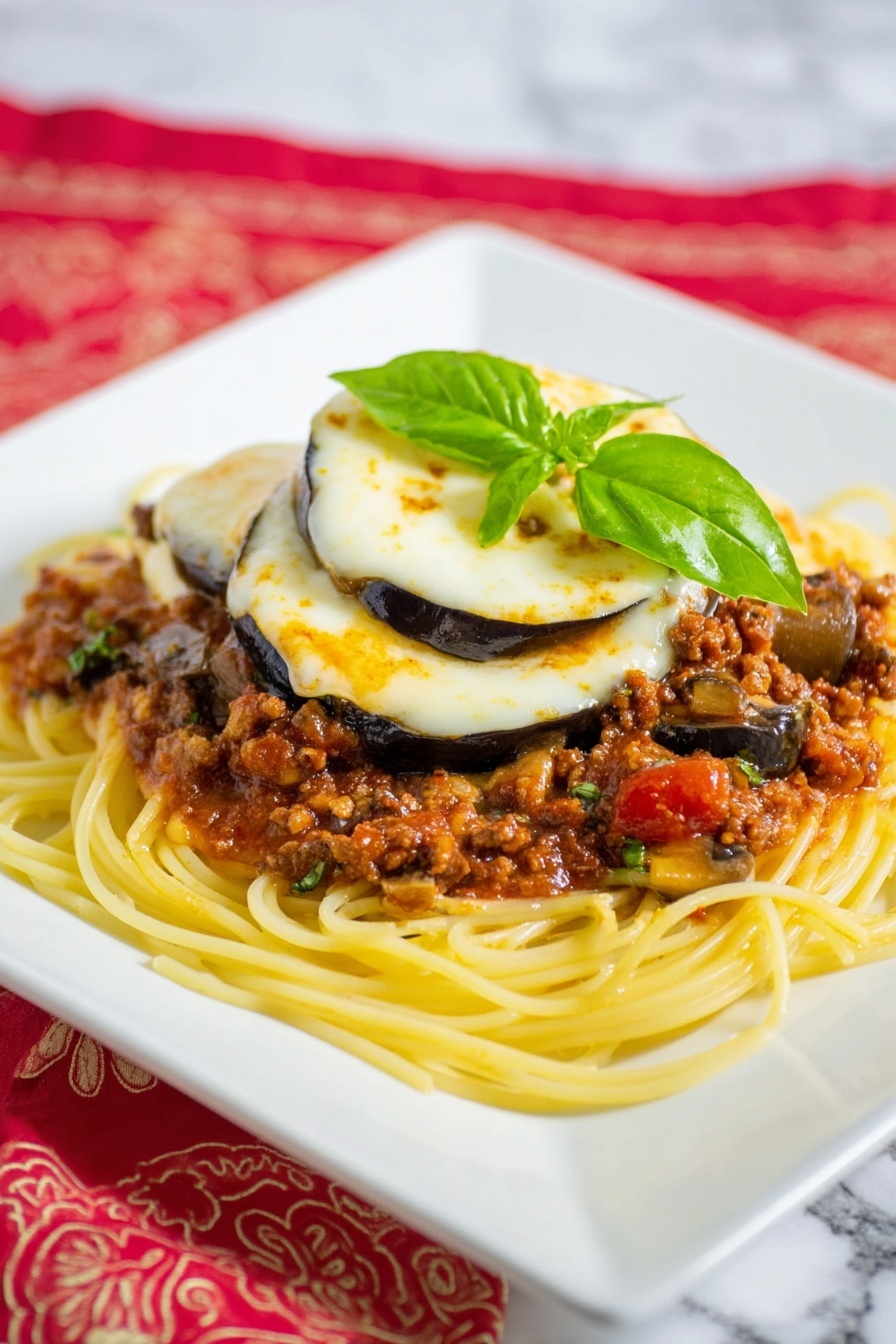 Four round fried eggplant slices sit stacked on a white plate with blue floral patterns. Each slice has a crispy golden-brown breadcrumb coating and is topped with a melted layer of light golden cheese. Behind the plate is a small white bowl filled with grated cheese, a silver fork, and a yellow and white checkered cloth on a white marbled surface. Photo taken with an iphone --ar 4:5 --v 7