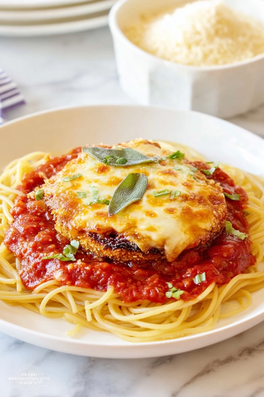 A white plate holds a base layer of cooked spaghetti with a light yellow color, twisted into a soft mound. On top, there is a thick red tomato sauce that spreads unevenly over the pasta. Sitting on the sauce is a crispy round eggplant slice, golden brown with a crunchy texture. The eggplant is topped with melted light yellow cheese that looks bubbly and slightly browned. Small green sage leaves are scattered on top for garnish. The plate is placed on a white marbled surface, and in the background, a small white bowl filled with grated cheese is partially visible. The photo taken with an iphone --ar 4:5 --v 7