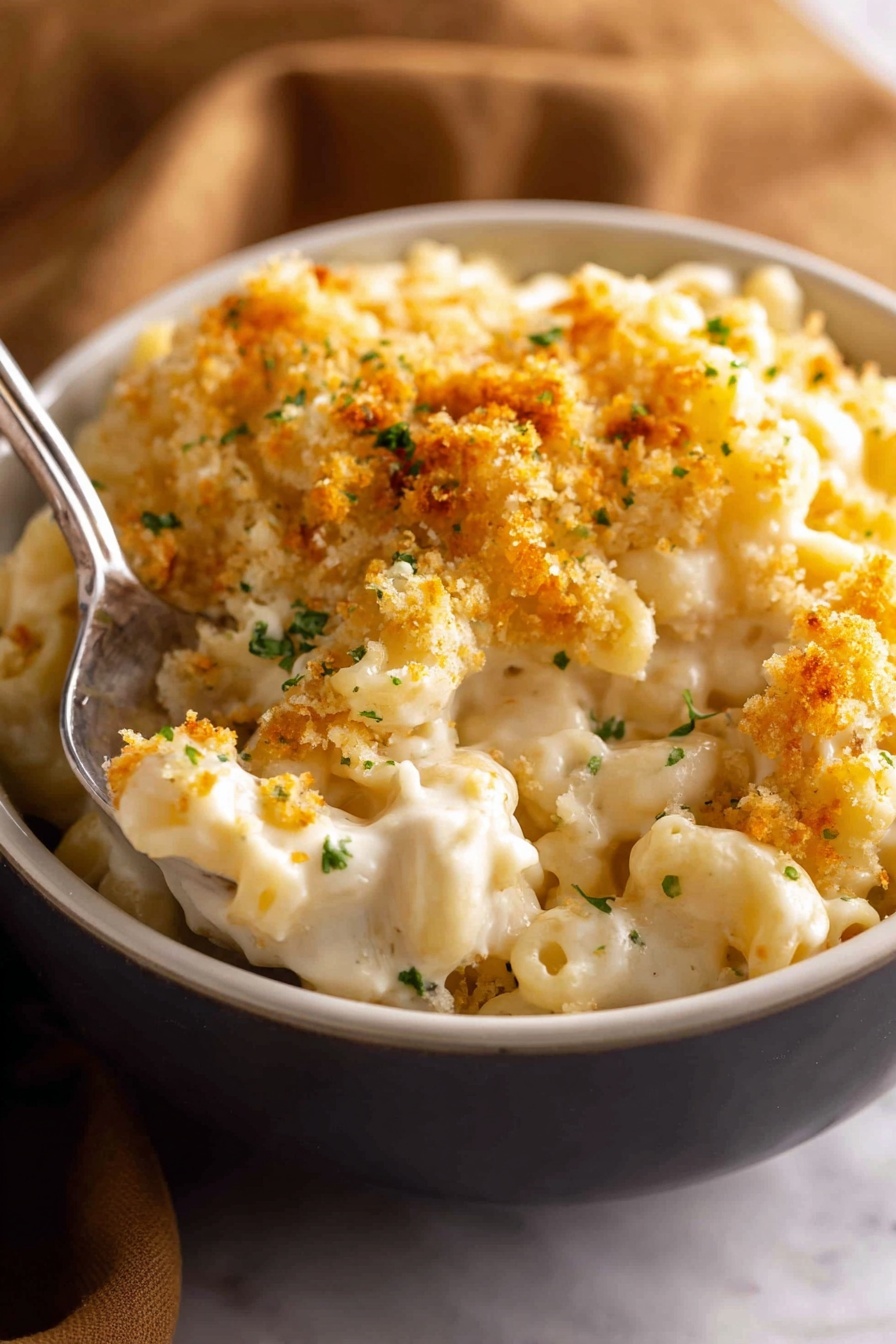 A black bowl filled with creamy macaroni and cheese, showing small elbow pasta shapes covered in thick white cheese sauce. On top, there is one layer of golden brown crispy crumbs with tiny green herb pieces, creating a crunchy texture contrast. A silver spoon is placed inside the bowl, partially scooping the macaroni. The bowl sits on a white marbled surface, and the lighting highlights the creamy and crunchy details of the dish. photo taken with an iphone --ar 4:5 --v 7