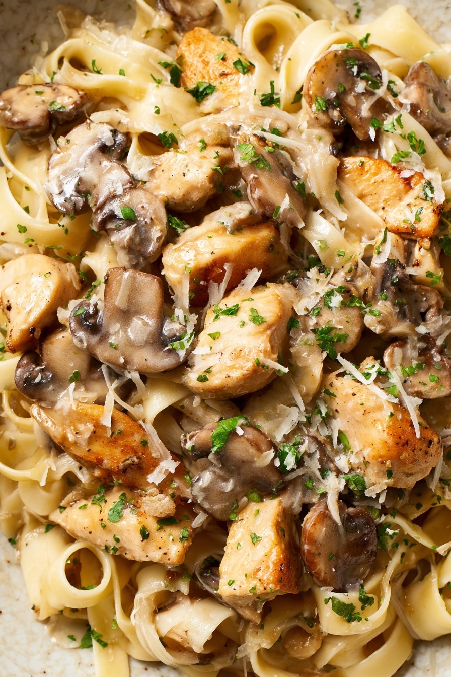 The close-up image shows a creamy pasta dish with three main layers visible: the base layer is light cream-colored fettuccine noodles, smooth and slightly glossy; the middle layer has several light golden-brown cooked chicken pieces with a soft, tender texture scattered evenly over the noodles; the top layer features sliced mushrooms with a slightly darker, earthy brown color and shiny surface from the sauce, all mixed in a rich off-white creamy sauce. The dish is sprinkled with finely chopped green herbs and grated pale yellow cheese, adding color contrast and texture. The photo taken with an iphone --ar 4:5 --v 7