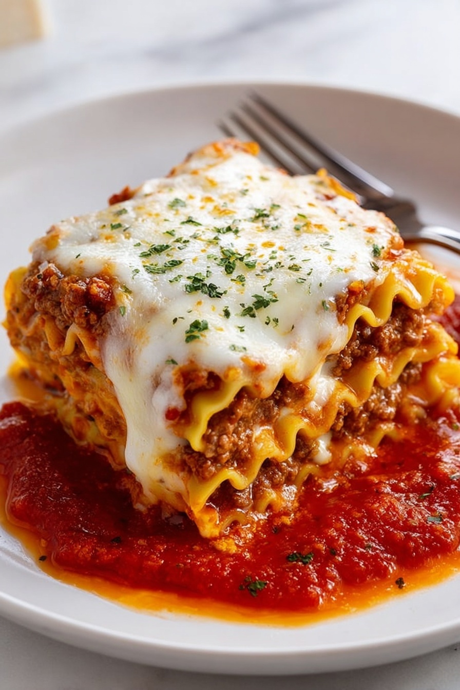 A white rectangular baked dish filled with lasagna showing about five layers: a base layer of cooked pasta sheets topped with rich red meat sauce mixed with tomato chunks, followed by a creamy white cheese layer that is melted and bubbly, and repeated layers of pasta, sauce, and cheese. The top layer is covered with melted, slightly golden cheese sprinkled with small green parsley pieces. A wooden spatula is lifting one square piece with melted cheese stretching slightly. The dish sits on a white marbled surface next to a piece of toasted bread with butter and a knife, with a soft white cloth nearby. photo taken with an iphone --ar 4:5 --v 7