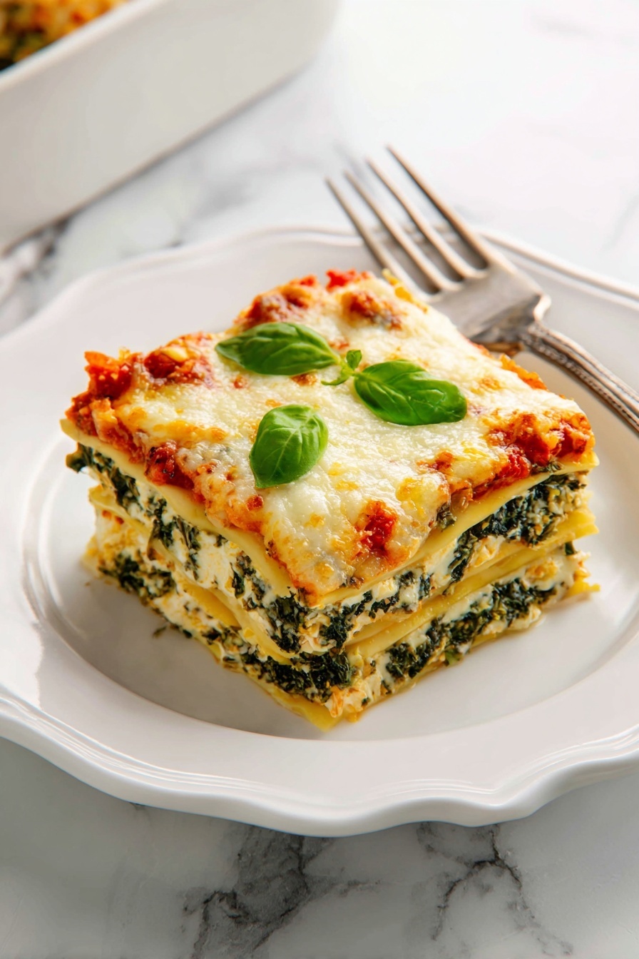 A square piece of lasagna sits in the middle of a white, scalloped-edge plate on a white marbled surface. This lasagna has four visible layers: the bottom layer is a light yellow pasta sheet, above that is a thick layer of mixed green spinach and white cheese, then another pasta sheet, topped with a bright red tomato sauce layer with melted white cheese. Fresh green spinach leaves garnish the top. A fork is placed next to the lasagna on the plate and a white baking dish is blurred in the background. photo taken with an iphone --ar 4:5 --v 7