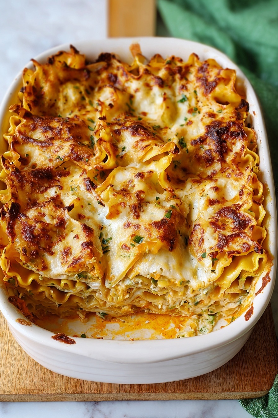 This image shows a white oval baking dish filled with a lasagna that has several visible layers. The top layer is golden brown with melted cheese and browned spots, slightly crispy in some areas. Below the top, there are layers of soft pasta sheets that are wavy at the edges, mixed with orange-colored sauce and small green flecks, likely herbs or vegetables. The lasagna looks rich and creamy with the layers slightly uneven, indicating a homemade style. The dish rests on a wooden surface with a bit of a green cloth visible in the top left corner. photo taken with an iphone --ar 4:5 --v 7