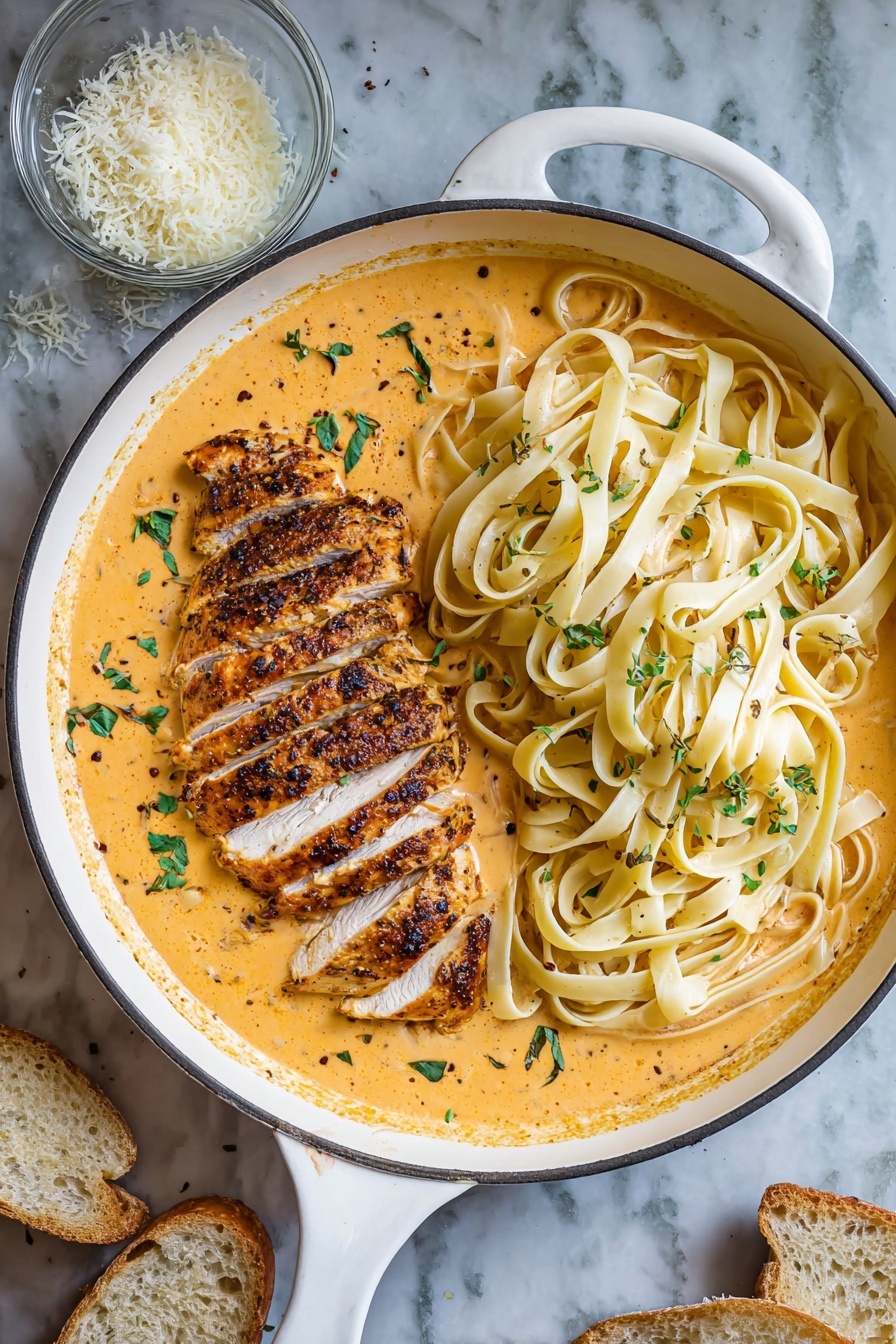 A white pan filled with two main sections: on the left, sliced grilled chicken with a golden-brown and slightly charred surface, layered neatly in a row; on the right, three swirls of light yellow fettuccine pasta with a smooth texture, all sitting in a thick, creamy orange sauce with small green herb pieces scattered throughout. The dish is sprinkled with chopped green herbs and black pepper over the top. In the background, a small clear bowl with grated cheese and two pieces of light bread rest on a white marbled surface. photo taken with an iphone --ar 4:5 --v 7