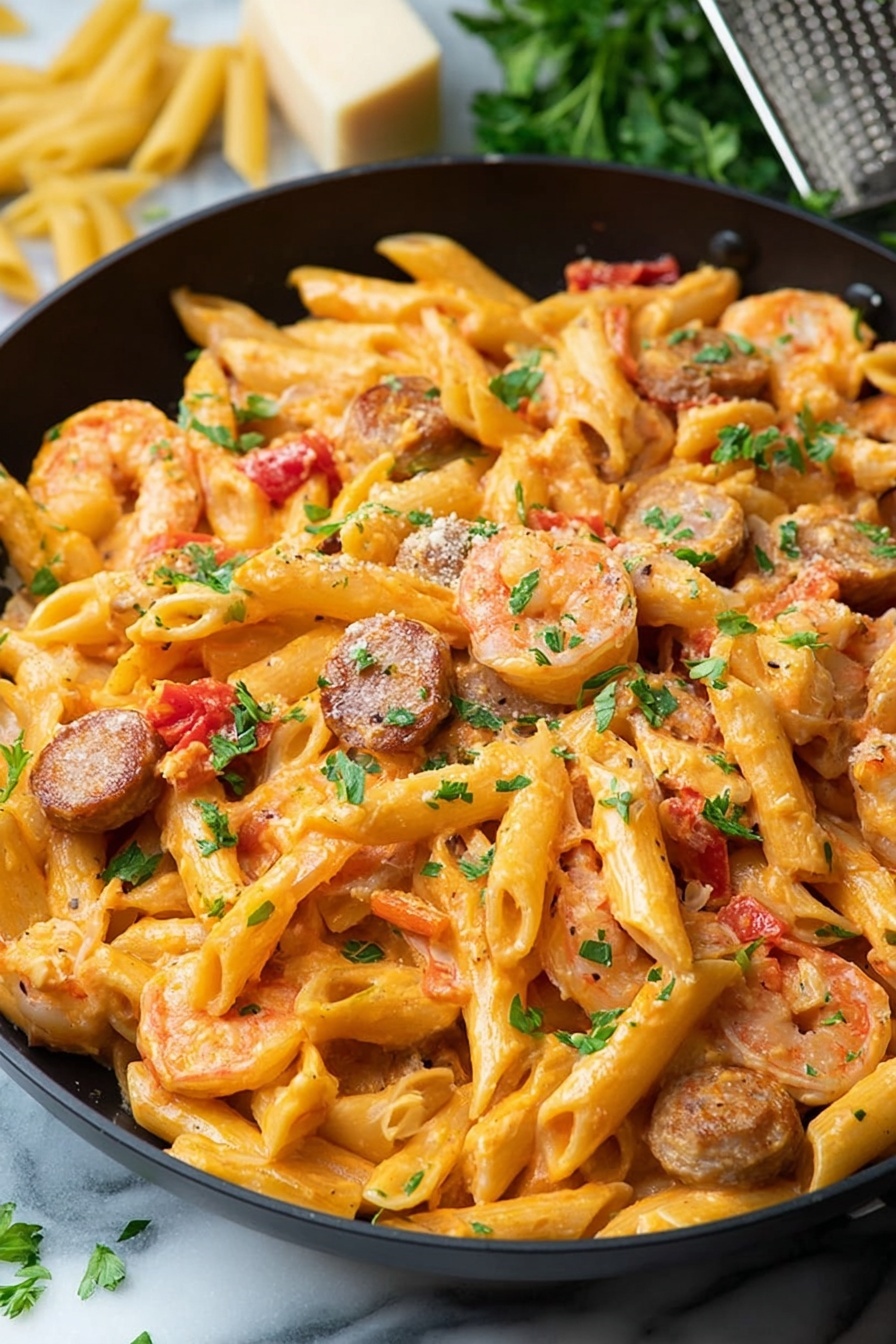 A black pan filled with three main layers: the bottom layer is yellow penne pasta coated in a creamy orange sauce; on top of it are several pink shrimp evenly spread around; scattered in between are slices of browned sausage and small pieces of bright red bell pepper. Fresh green parsley leaves are sprinkled over everything, adding a pop of color and freshness. In the background, a white block of cheese is placed next to a grater, and the pan rests on a white marbled surface with some stray pasta and parsley leaves around the edges. Photo taken with an iphone --ar 4:5 --v 7