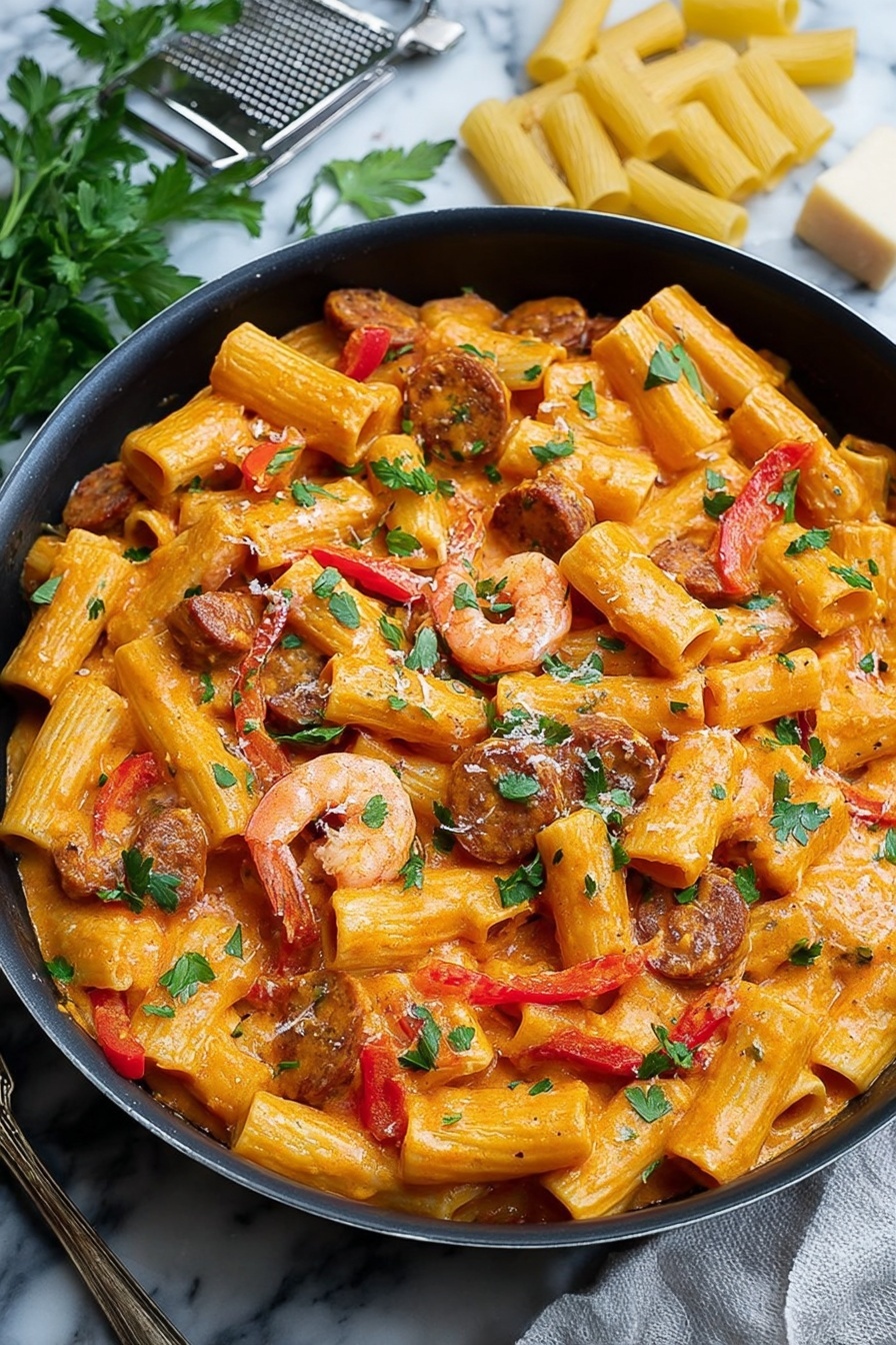 The image shows a black pan filled with creamy orange pasta made of penne, mixed with pink shrimp, brown sausage slices, and small pieces of red bell pepper. The pasta is coated with a smooth sauce and topped with chopped green parsley scattered over the dish. The pan sits on a white marbled surface, with some dry pasta pieces spread around it. To the right of the pan, there is a block of pale yellow cheese next to a small grater with a white handle. photo taken with an iphone --ar 4:5 --v 7