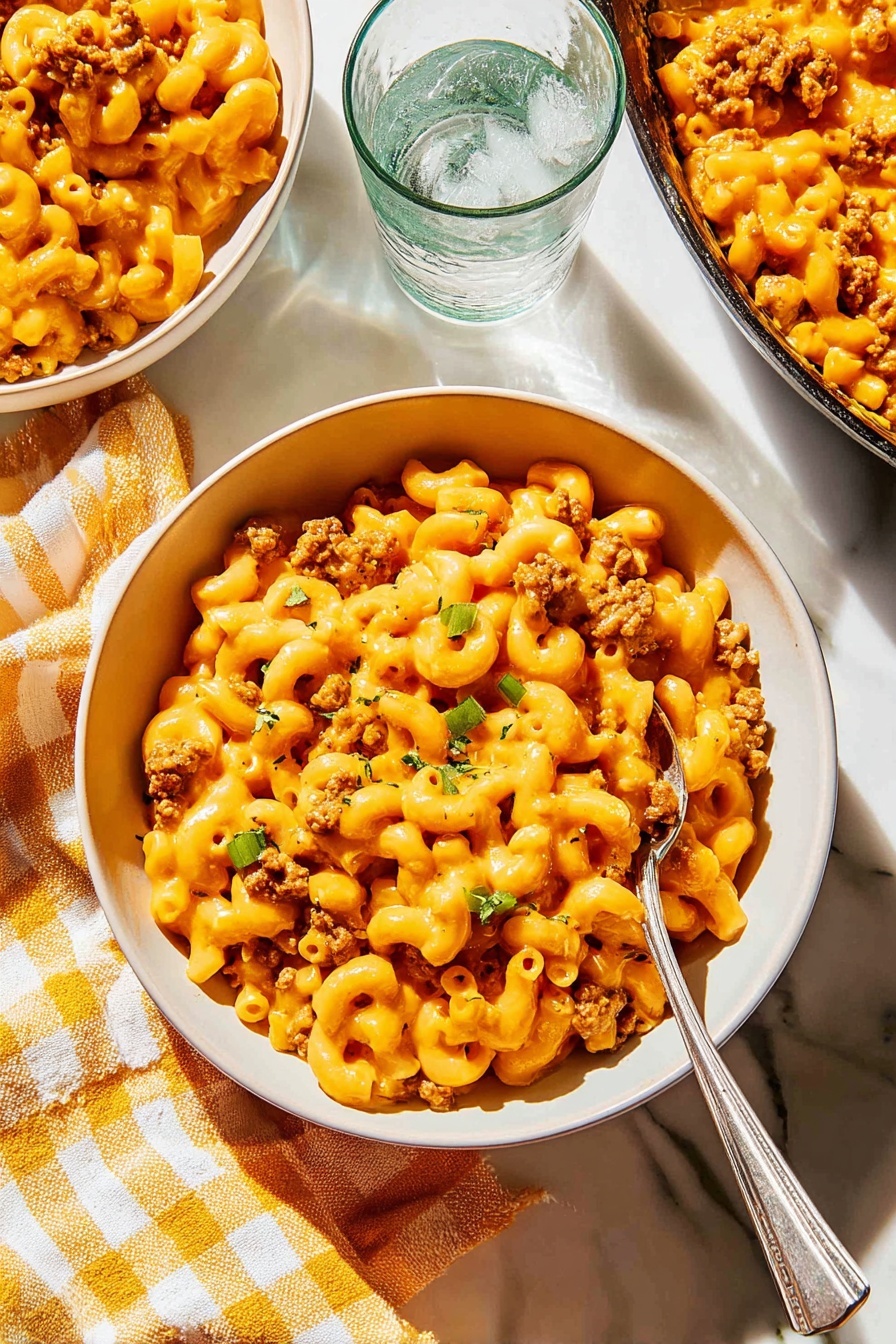 A close-up view of a bowl filled with a creamy, orange-colored macaroni pasta mixed with browned ground meat and small green pepper pieces, showing a thick sauce coating each curved tube of pasta. The bowl is white and round, placed on a white marbled surface with a soft yellow and white checkered cloth nearby. A metallic spoon is resting inside the bowl, partly submerged in the noodles. In the background, a glass jar with ice water and two other bowls filled with the same pasta are slightly visible, all set on the same white marbled texture. photo taken with an iphone --ar 4:5 --v 7