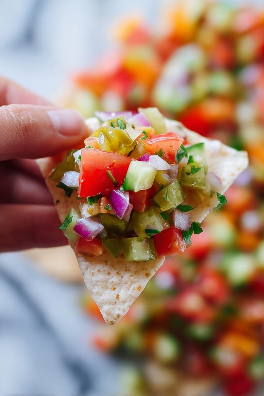 A close-up image shows a woman's hand holding a white tortilla chip covered with small, colorful cubes of tomato in red, cucumber in green, red onion in purple, and pickles in yellow-green. The background shows more mixed diced vegetables blurred out, placed on a white marbled surface. The bright colors of the vegetables contrast with the light beige chip and the soft white marbled background, making the fresh texture of the salsa stand out photo taken with an iphone --ar 4:5 --v 7