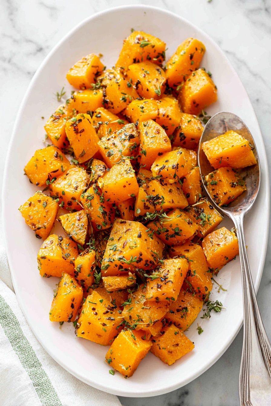 A white oval plate holds one layer of roasted butternut squash cubes, each piece showing a mix of bright orange and golden brown colors with a slightly crispy texture. The cubes are scattered unevenly across the plate and sprinkled with small green herb flakes and ground black pepper. A vintage silver spoon on the right side of the plate holds a few of the squash cubes, adding depth to the arrangement. The whole scene is set on a white marbled surface with a hint of white and green striped cloth peeking from the bottom left. Photo taken with an iphone --ar 4:5 --v 7
