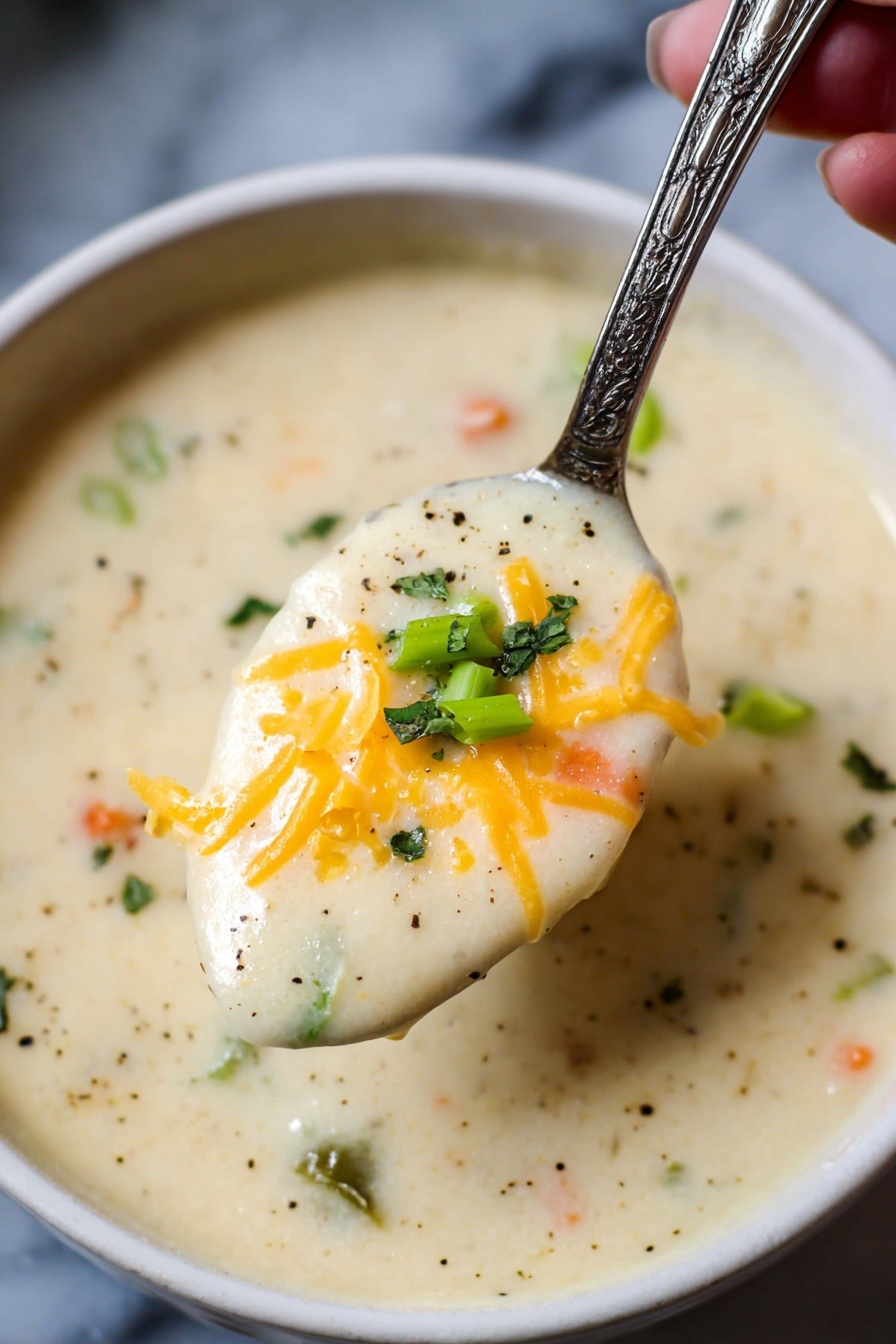 A close-up view of creamy white soup with a thick texture, small specks of black pepper, and bits of orange carrot visible within. On the surface, there are bright yellow shredded cheese pieces scattered along with chopped green onion rings and dark green leafy herbs, all held by a metal spoon partially lifted from the soup. The background shows more of the creamy soup in a white marbled texture setting. photo taken with an iphone --ar 4:5 --v 7