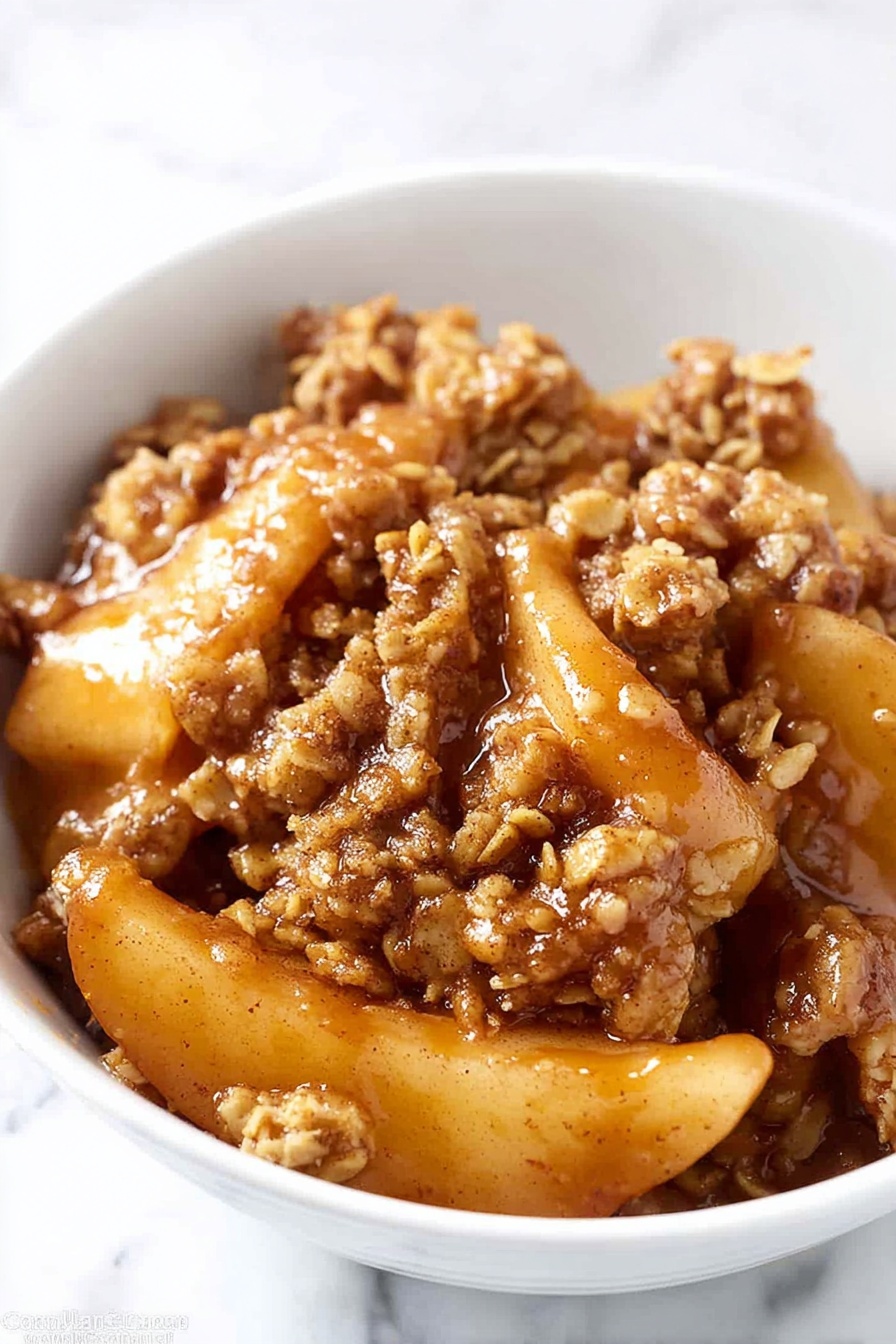 A white bowl on a white marbled surface holds a warm dessert with three clear layers: at the bottom, there are soft, golden-brown cooked apple slices with a slightly caramelized look; the middle layer is a crumbly, golden oat and brown sugar topping with a rough texture; on top, a generous scoop of smooth, white ice cream is melting over the warm dessert, blending slightly into the fruit and crumb base. A metal spoon rests inside the bowl behind the dessert. Photo taken with an iphone --ar 4:5 --v 7