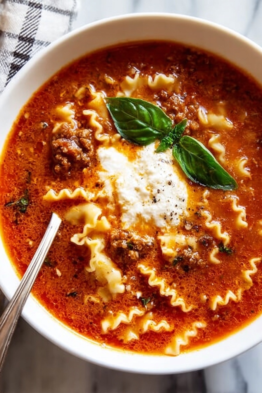 A white bowl filled with rich, thick lasagna soup showing layers of soft, wavy pasta noodles mixed in a deep red tomato base with ground meat throughout. The soup has melted white cheese spread unevenly on top, creating creamy patches mixed with the sauce. Near the top edge inside the bowl, there is a small bunch of bright green basil leaves. A silver spoon is lifting a piece of lasagna noodle covered in sauce and small bits of meat. The bowl is placed on a white marbled surface with a soft striped cloth in the background. Photo taken with an iphone --ar 4:5 --v 7
