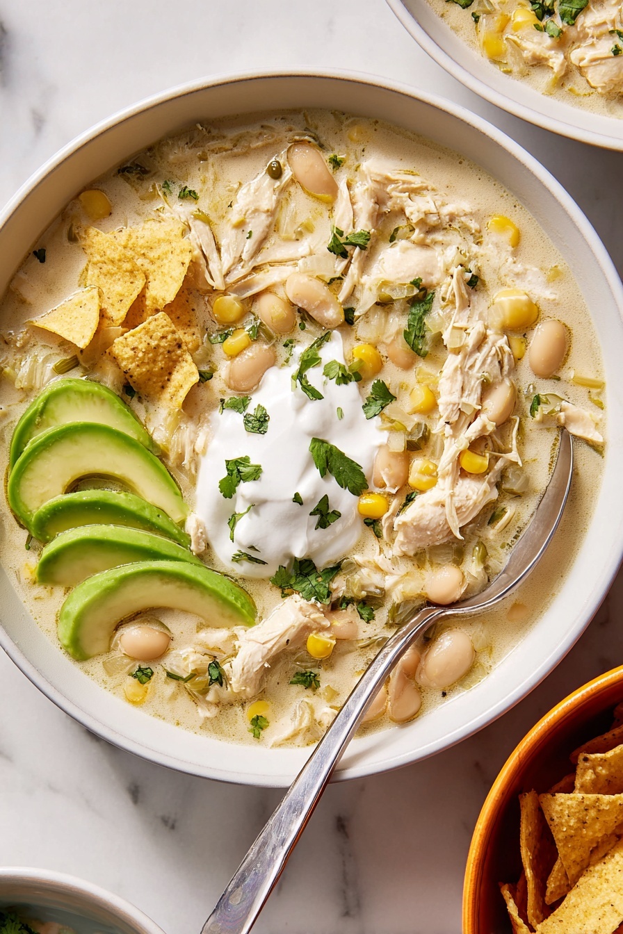 The dish is a white bowl filled with creamy soup made of shredded light beige chicken, white beans, yellow corn, and green herbs scattered throughout. On top, there is a thick white dollop of sour cream or yogurt, shredded white cheese, and bright green avocado slices arranged in a fan shape. Pieces of light beige tortilla chips are also spread on the soup’s surface. A silver spoon rests inside the bowl on the left side. The bowl is placed on a white marbled surface. photo taken with an iphone --ar 4:5 --v 7