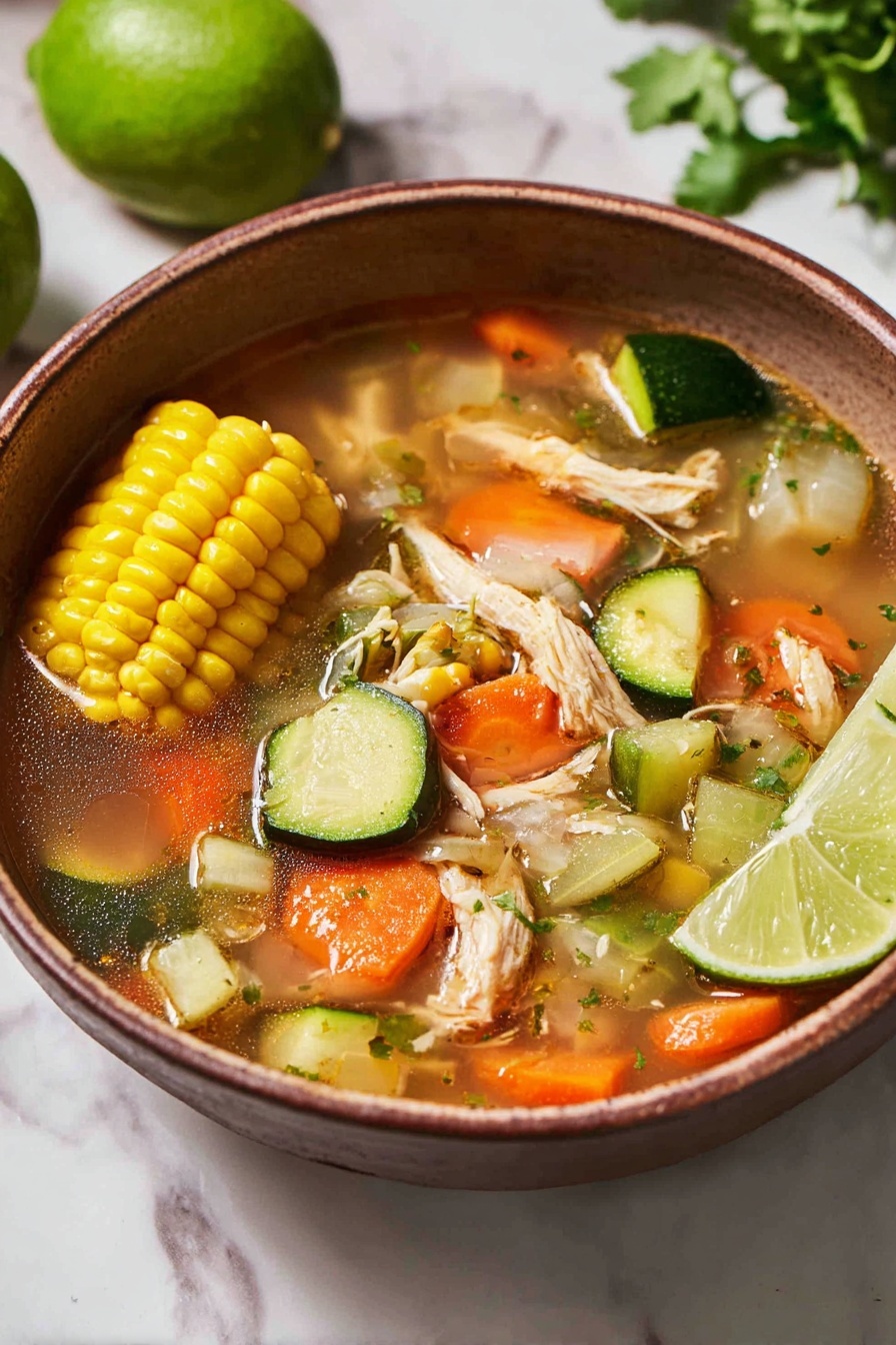 Two white plates sit on a white marbled surface filled with a clear soup that has three main layers: at the bottom is a light broth, in the middle are chunks of green zucchini, orange carrot slices, pale chicken pieces, and a bright yellow chunk of corn on the cob, while the top layer is garnished with a small wedge of lime and a sprig of green cilantro. Next to the plates, a small white bowl contains reddish-orange rice with visible bits of herbs, and a woman's hand holds a spoon in one of the soup bowls. Nearby, lime wedges, a bunch of cilantro leaves, and a bottle of red hot sauce add color to the scene. photo taken with an iphone --ar 4:5 --v 7
