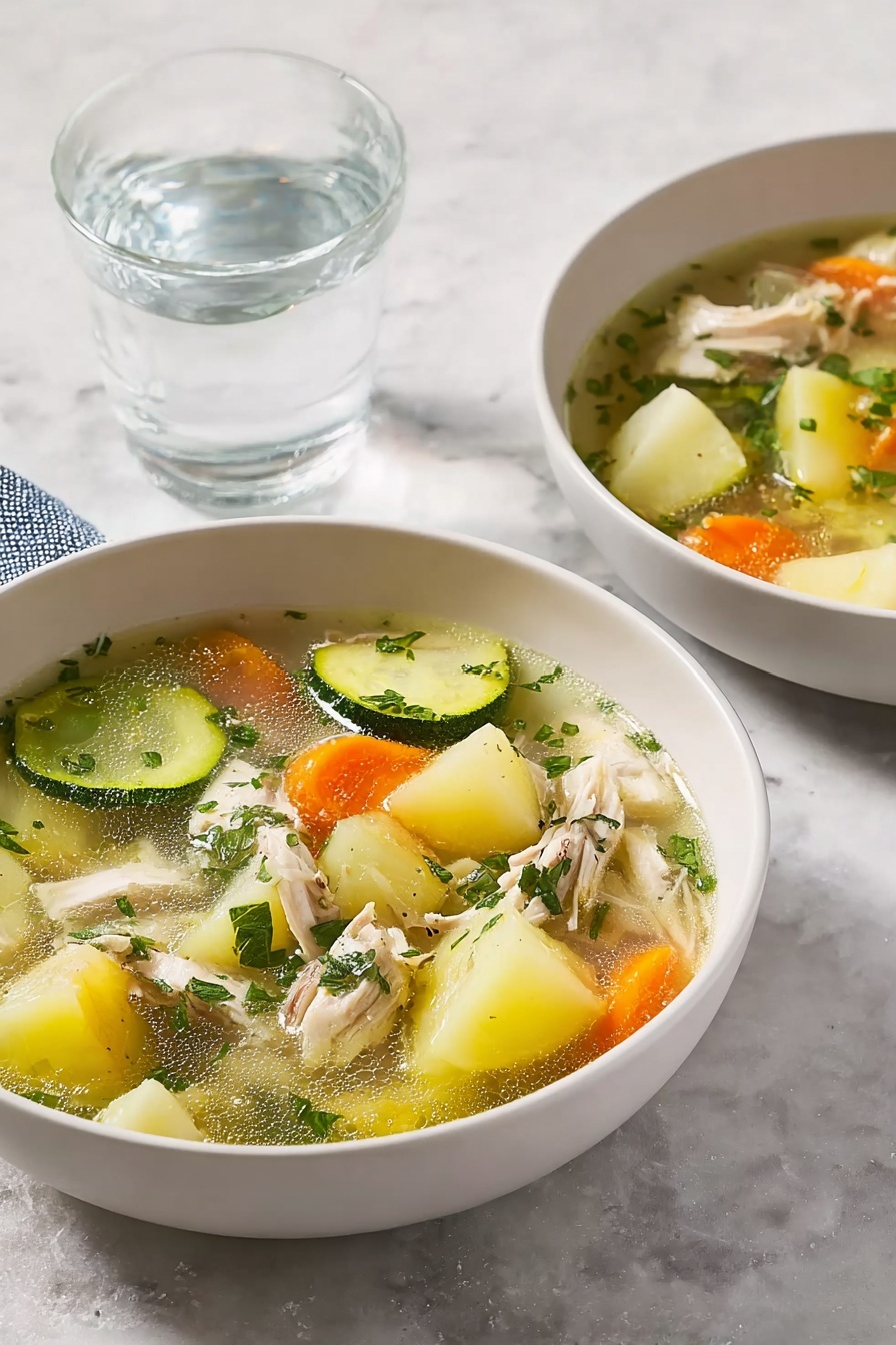 The image shows a white bowl filled with clear broth soup containing three main layers: at the bottom, light yellow liquid broth with visible oil droplets; in the middle, chunks of pale yellow potato, bright orange carrot pieces, and green herbs scattered throughout; on top, small torn pieces of cooked light brown chicken meat and green chunks of zucchini. The bowl is placed on a white marbled surface and there is a second bowl with the same soup partially visible in the background. Near the bowl, there is a clear glass of water with tiny bubbles inside. Photo taken with an iphone --ar 4:5 --v 7