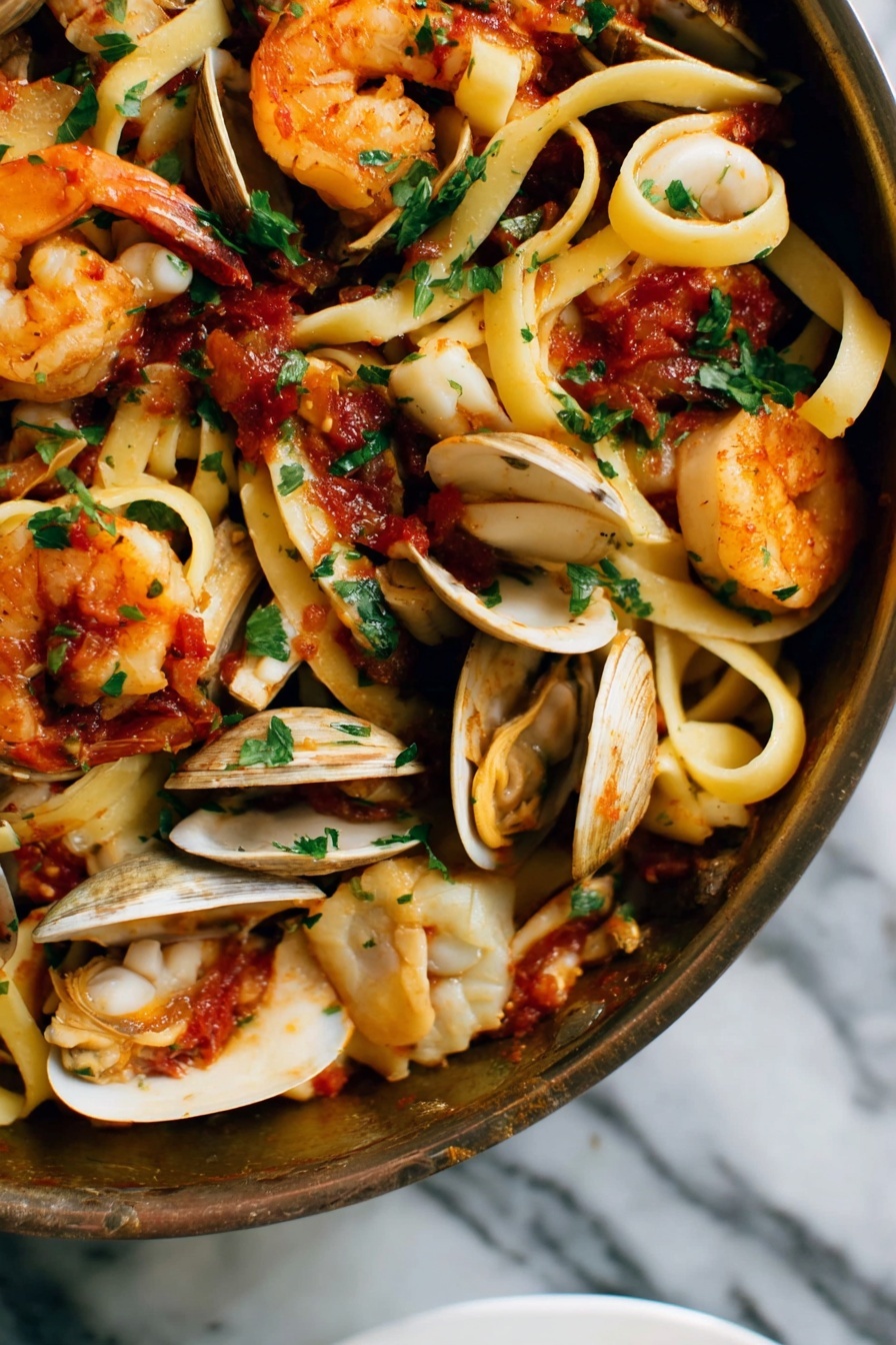 The image shows a close-up of a seafood pasta dish in a pan. Thick, light-colored noodles twist and pile up, mixed with large orange-pink shrimp and white scallops with slight brown sears. There are also clams with pale beige shells nestled among the pasta. Small pieces of red tomato sauce and green chopped herbs are scattered throughout, adding a fresh and colorful touch. The textures are varied, with the smooth noodles, firm seafood, and soft sauce visible. The background is a white marbled texture. photo taken with an iphone --ar 4:5 --v 7