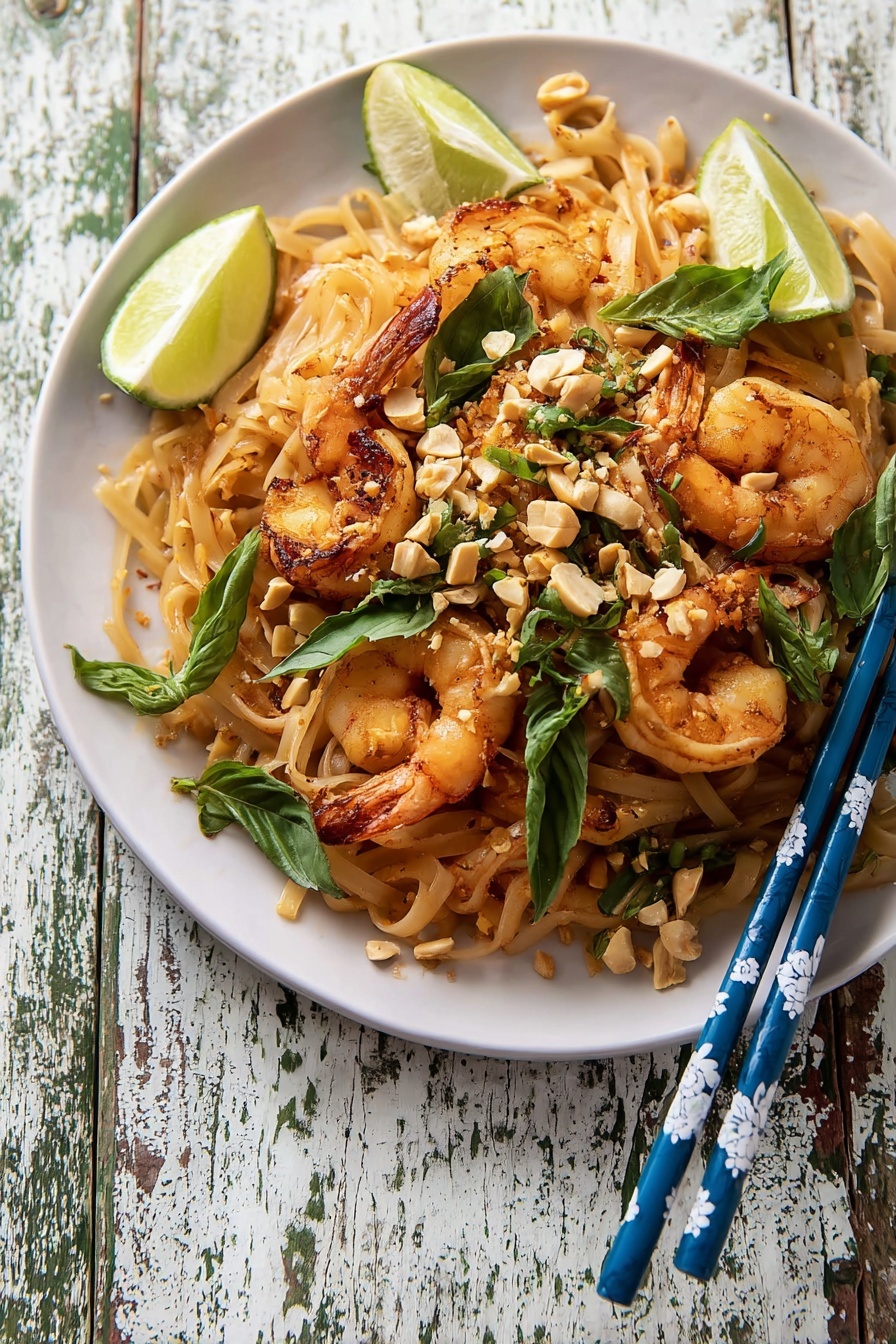 A white round plate holds a colorful noodle dish with three main layers. The base layer is flat rice noodles, light beige and soft, forming the bulk of the dish. On top of the noodles sit bright orange shrimp, cooked with some slight browning and curled into round shapes. Scattered across are dark green fresh basil leaves and thin slices of green onions adding texture and color. Chopped peanuts are sprinkled over the top, giving a rough texture and light brown color. At the back edge of the plate, two lime wedges rest, showing light green and pale yellow inside. On the left side of the plate, a pair of wooden chopsticks with blue and white floral patterns lay diagonally, partially covered by some basil leaves. The plate is set on a white marbled surface. Photo taken with an iphone --ar 4:5 --v 7