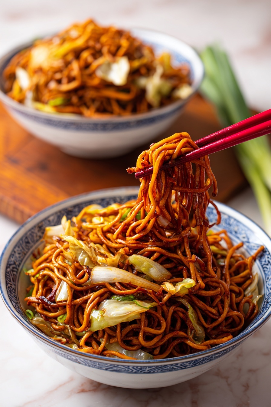The image shows a bowl filled with shiny brown noodles mixed with thin slices of light brown and orange vegetables, placed on a white marbled surface. Red chopsticks hold a small bunch of noodles lifted above the bowl's center, showing the noodles' smooth and slightly twisted texture. The bowl is white with a subtle pattern. In the background, there is a second similar bowl also filled with noodles and vegetables, slightly out of focus. The whole setting is bright and clean with warm tones highlighting the noodles' glossy sauce. photo taken with an iphone --ar 4:5 --v 7