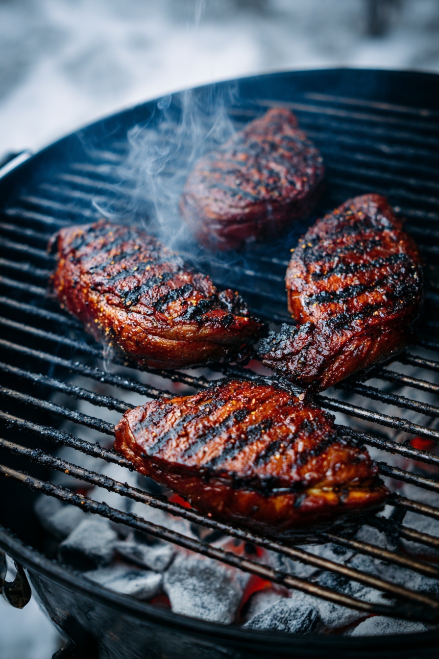 The image shows four pieces of meat on a grill over glowing charcoal. Each piece has dark grill marks and a shiny, caramelized surface with textures that look slightly crispy and moist. The meat colors range from deep brown to almost black in some spots, showing a well-cooked and smoky appearance. Thin smoke rises from the pieces, adding a fresh grilled effect. The grill bars are dark metal, and the charcoal underneath is gray and white with some embers glowing faintly. The background is a white marbled texture. photo taken with an iphone --ar 4:5 --v 7