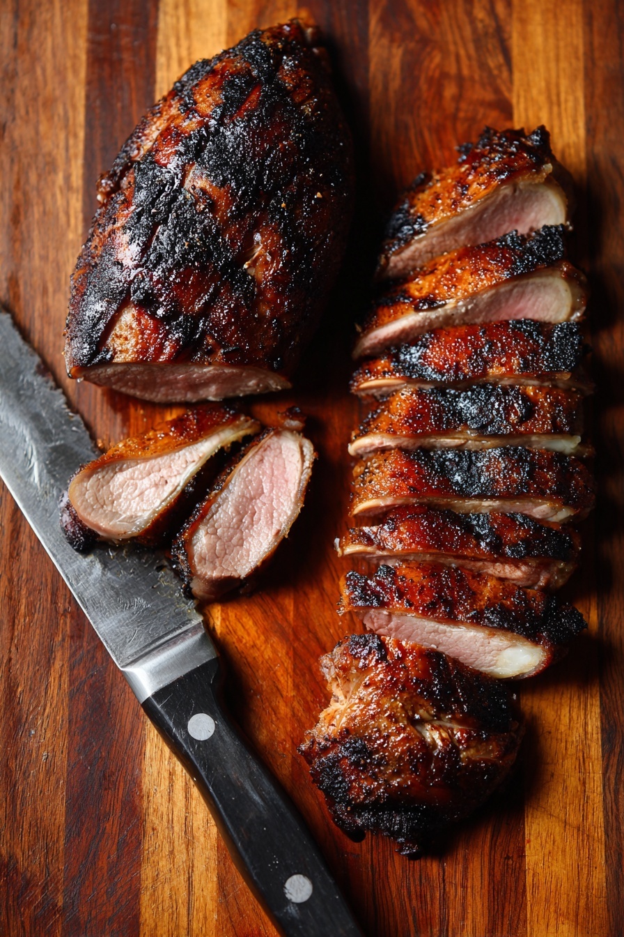 The image shows two large, grilled meat pieces with a dark crispy outer layer, placed on a brown wooden cutting board. One meat piece is whole, while the other is sliced into seven thick pieces, revealing a pinkish inside with a juicy texture. Next to the sliced meat is a sharp silver knife with a black handle. The background surface is a white marbled texture. photo taken with an iphone --ar 4:5 --v 7